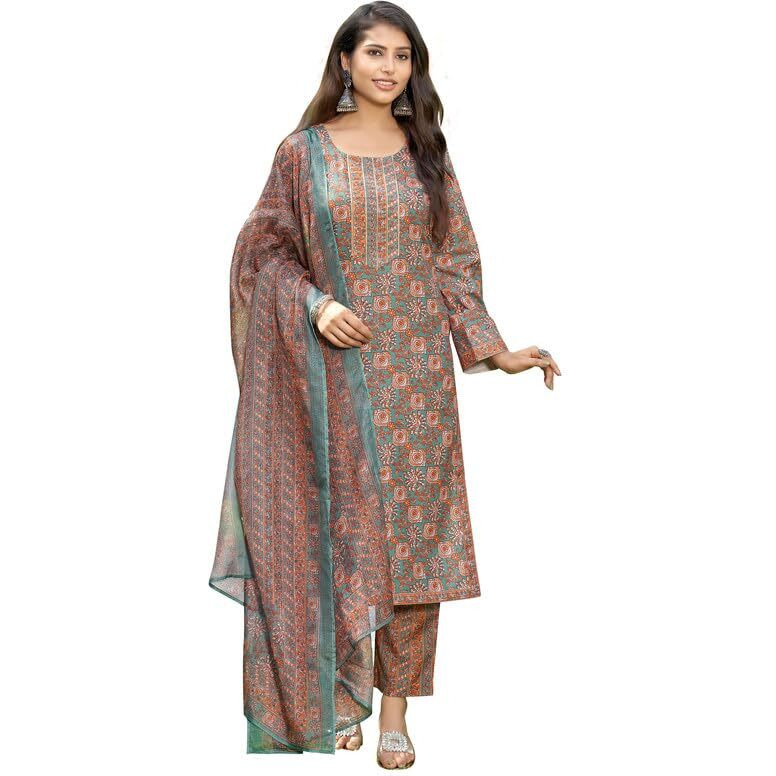 Nainvish Women's Viscose Rayon Printed Straight Round Neck Kurta Pant With Dupatta (Sd706_Kbd-Xxl_Brown)