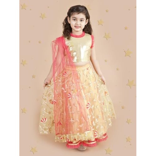 Pspeaches Girl's Polyester Lehenga Choli (L-Lemon Gota_Yellow_3-4Y)