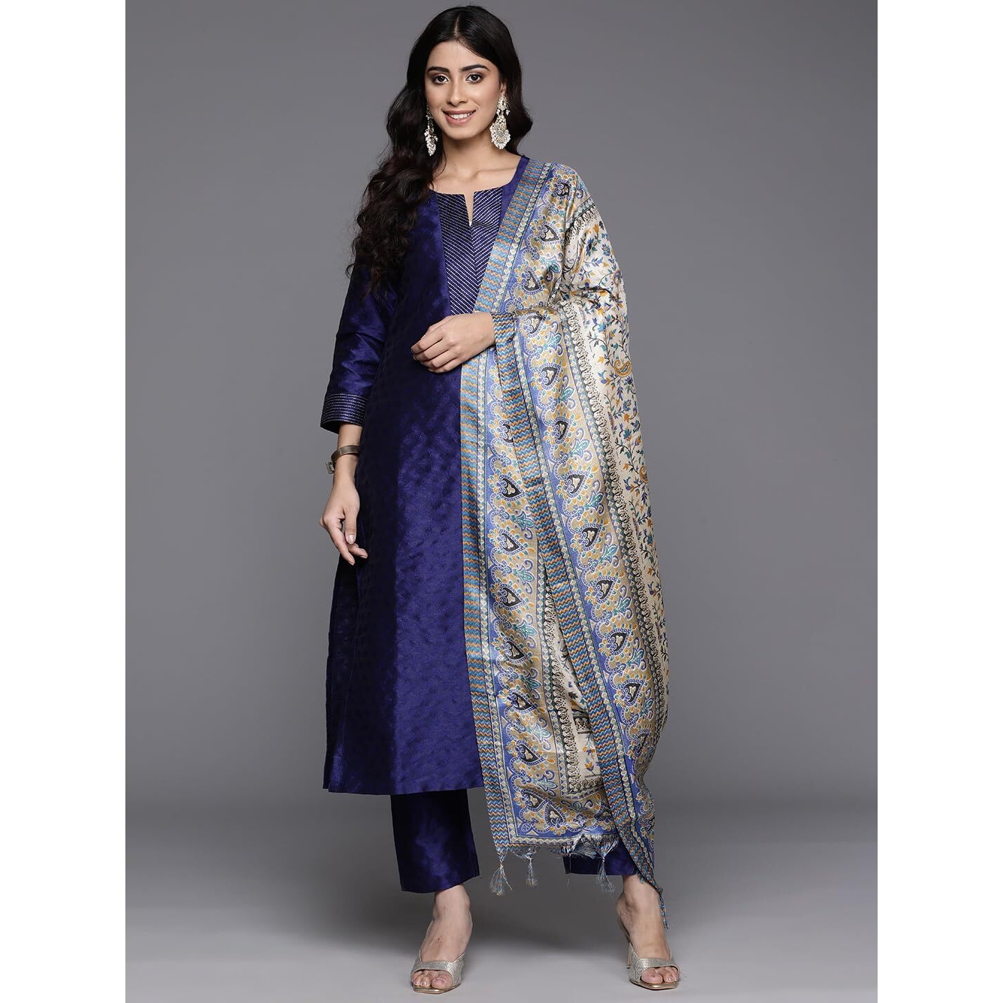 Varanga Women Navy Blue Woven Zari Embroidered Kurta Set With Bottom & Printed Bhagalpuri Dupatta  Round Neck, Zari Work At Placket, Three-Quarter Sleeves, Kurta Plazo Set For Women (Small)
