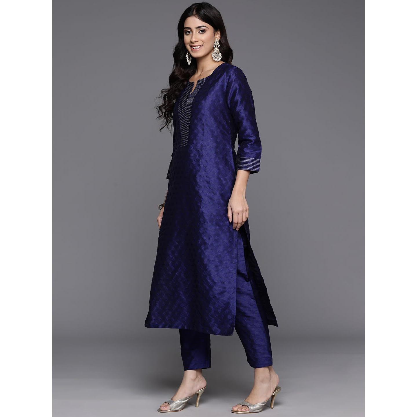 Varanga Women Navy Blue Woven Zari Embroidered Kurta Set With Bottom & Printed Bhagalpuri Dupatta  Round Neck, Zari Work At Placket, Three-Quarter Sleeves, Kurta Plazo Set For Women (Small)