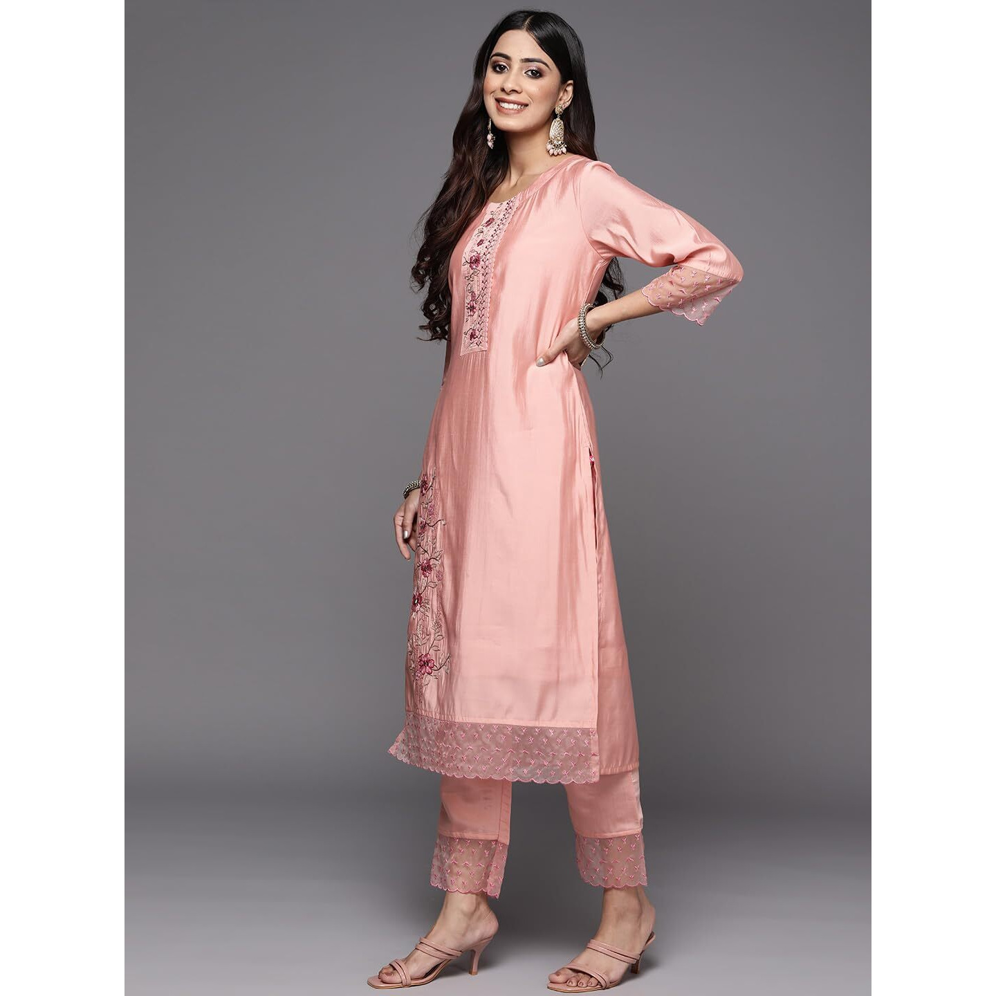 Varanga Women Peach Embroidered Kurta Set With Tonal Pant And Dupatta