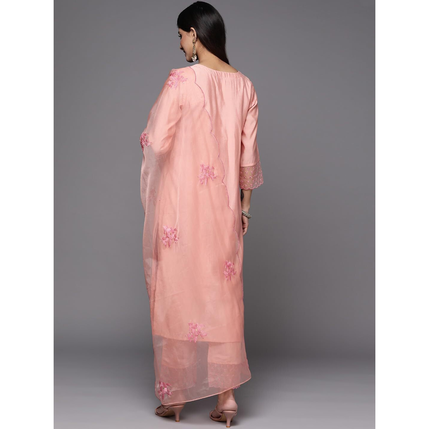 Varanga Women Peach Embroidered Kurta Set With Tonal Pant And Dupatta