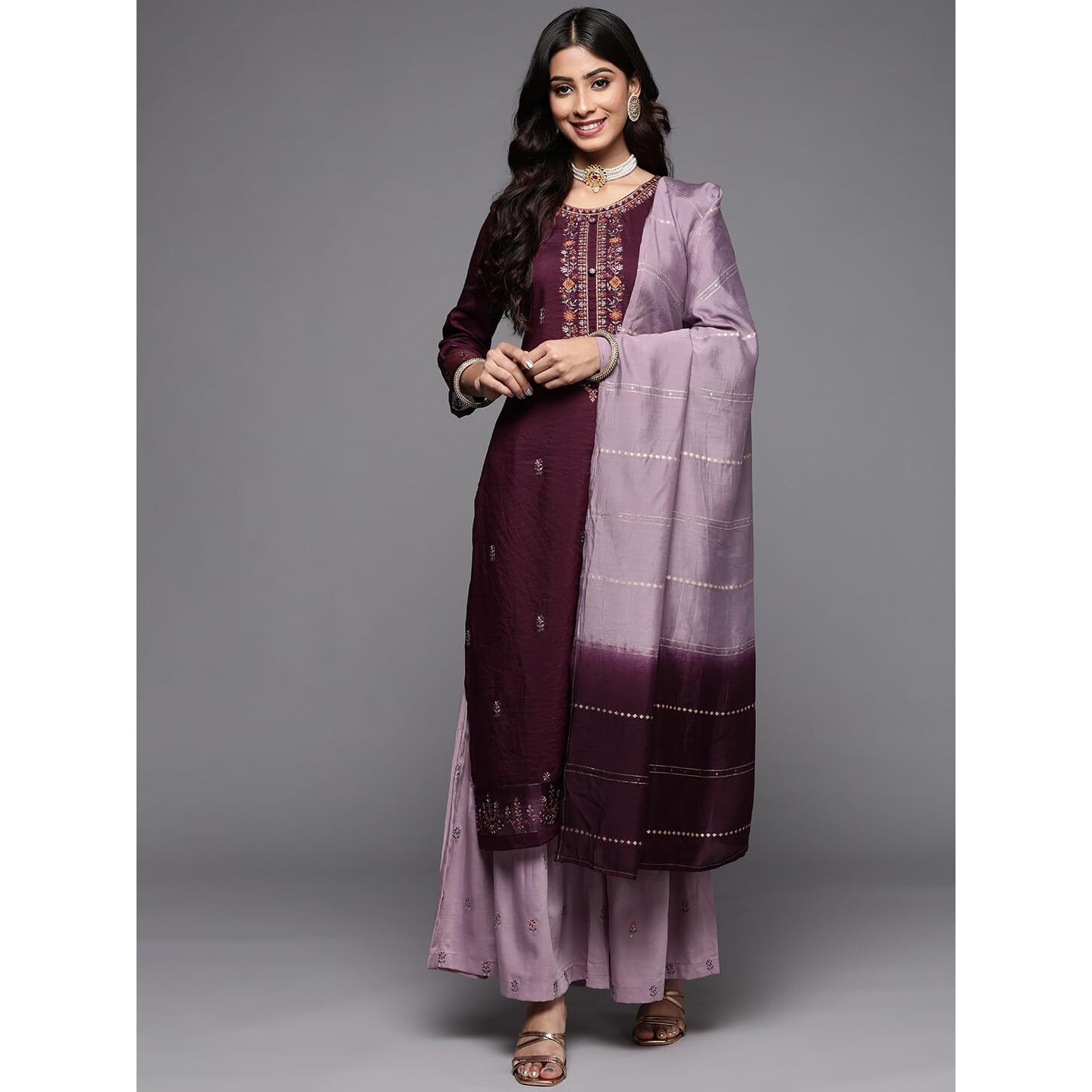 Varanga Women Purple Embroidered Kurta With Contrast Color Sharara And Dupatta, Multi-Color Thread Embroidery, Round Neckline, 3/4Th Sleeves, Straight Kurta With Slit