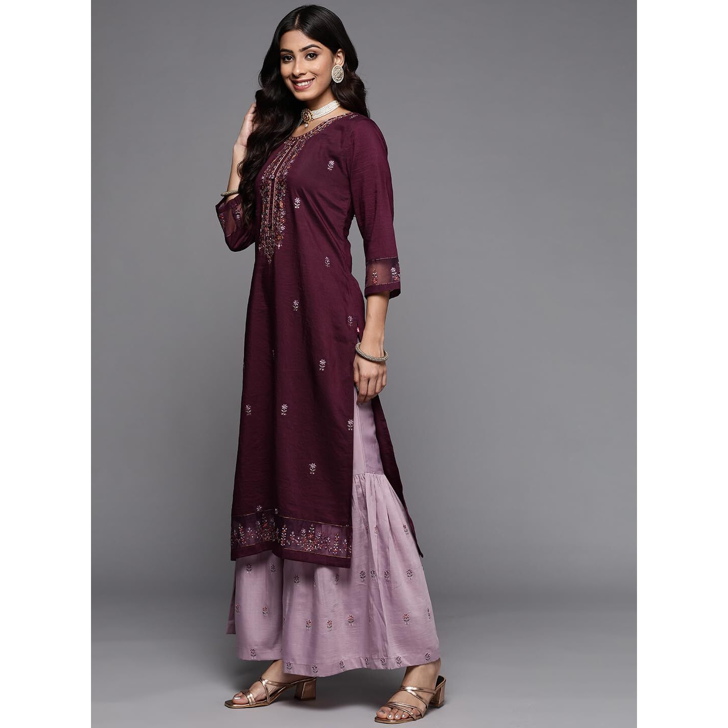 Varanga Women Purple Embroidered Kurta With Contrast Color Sharara And Dupatta, Multi-Color Thread Embroidery, Round Neckline, 3/4Th Sleeves, Straight Kurta With Slit