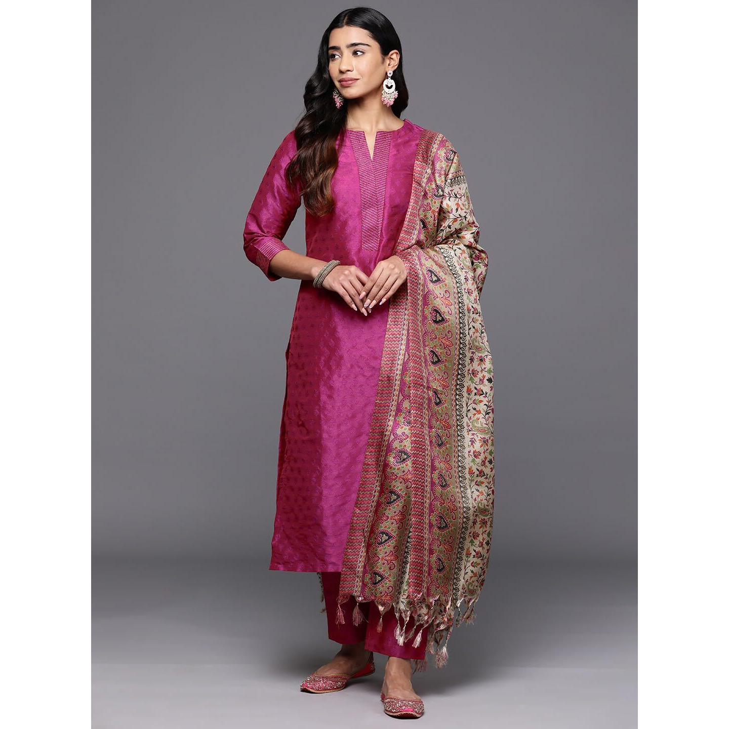 Varanga Women Pink Woven Zari Embroidered Straight Kurta With Bottom And Printed Dupatta  Kurta Set For Women With Dupatta, Party Suits For Women, Zari Embroidery (Extra Large)