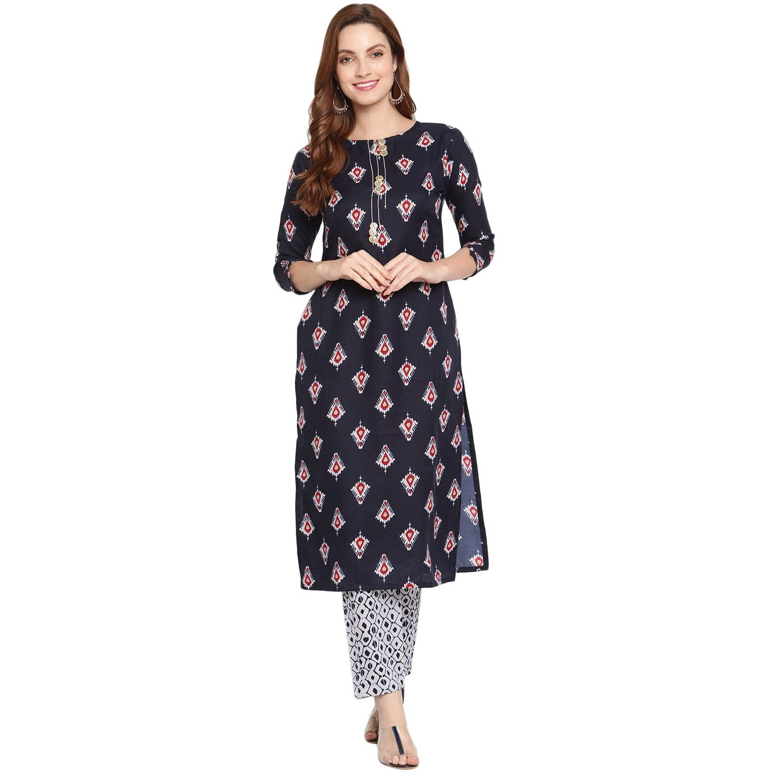 Shasmi Women's Navy Blue Cotton Straight Kurta With Checkered Trouser (Kurta 25 N Blue Xl)