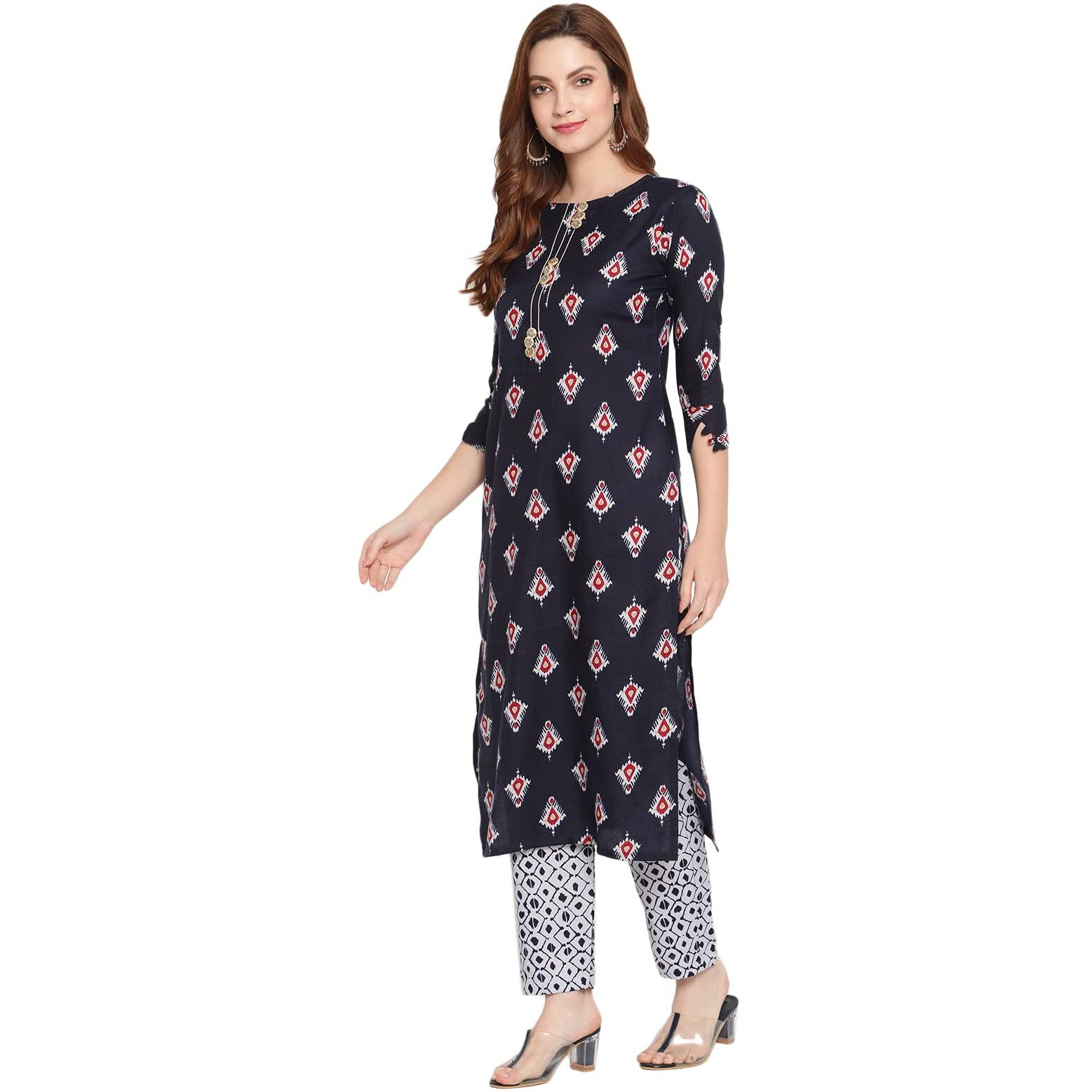 Shasmi Women's Navy Blue Cotton Straight Kurta With Checkered Trouser (Kurta 25 N Blue Xl)