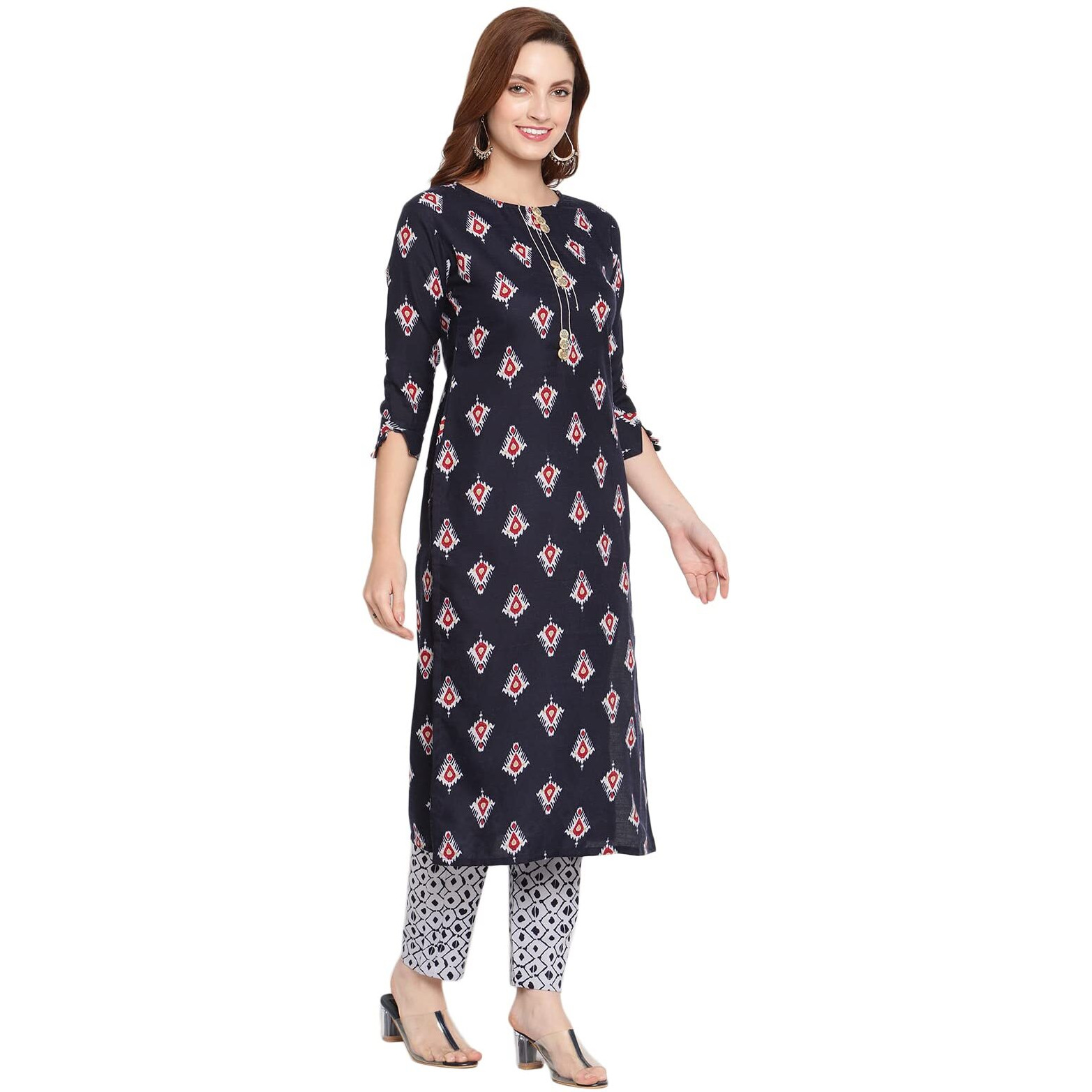 Shasmi Women's Navy Blue Cotton Straight Kurta With Checkered Trouser (Kurta 25 N Blue Xl)
