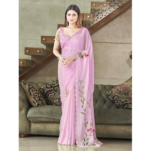 Womanista Women's Women Satin Saree Ll Women Floral Print Saree Ll Women Hand Print Saree Ll Un-Stitched Blouse Saree Ll Women Pink Saree
