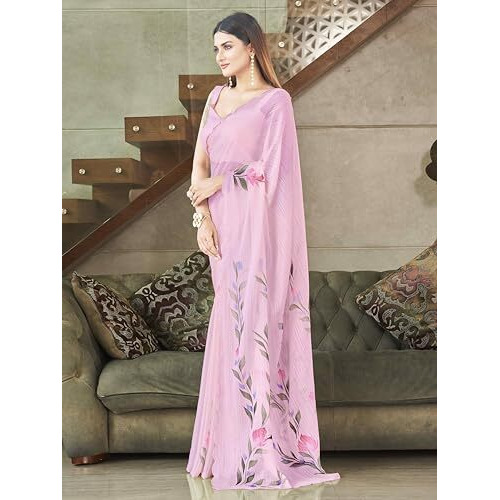 Womanista Women's Women Satin Saree Ll Women Floral Print Saree Ll Women Hand Print Saree Ll Un-Stitched Blouse Saree Ll Women Pink Saree
