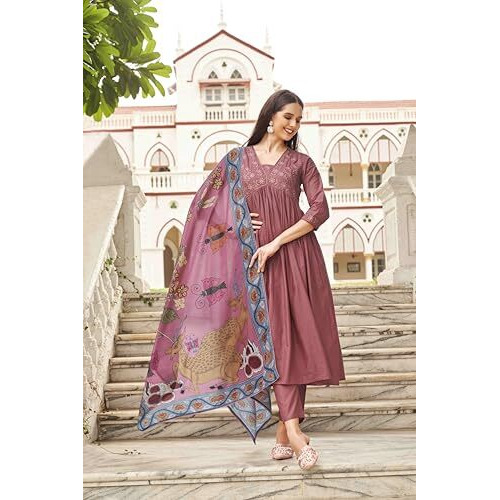 Womanista Women's Tonal Thread Alia Cut Flared Kurta With Pant And Dupatta (Kurtaset_1317_Xl)