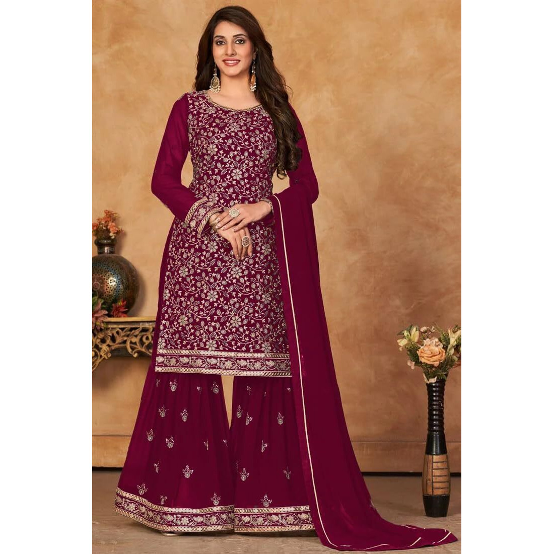 Xomantic Fashion Women's Embroidered Georgette Pakistani Suit Salwar Kamez Dupatta Set(X-Large, Dark Pink)