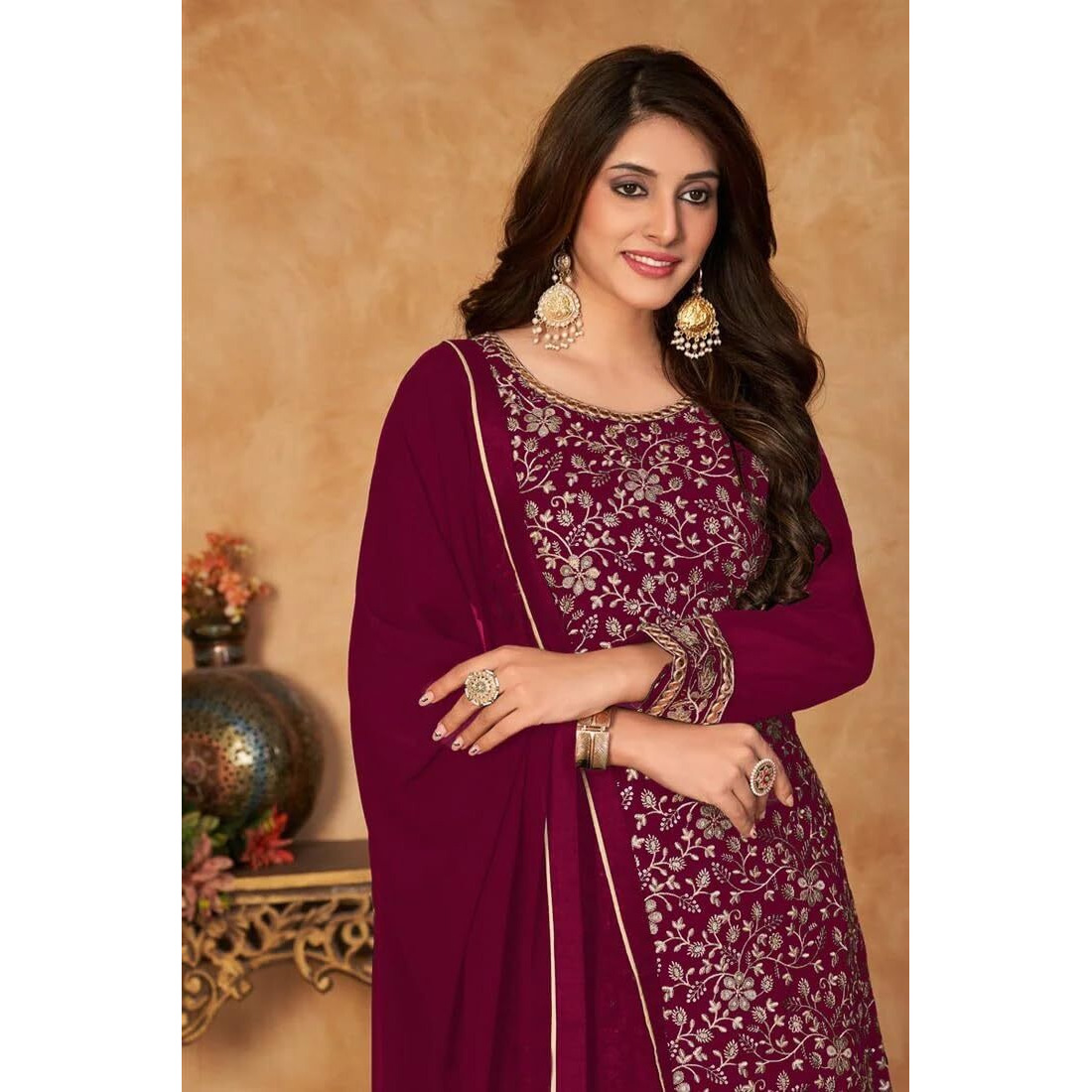 Xomantic Fashion Women's Embroidered Georgette Pakistani Suit Salwar Kamez Dupatta Set(X-Large, Dark Pink)