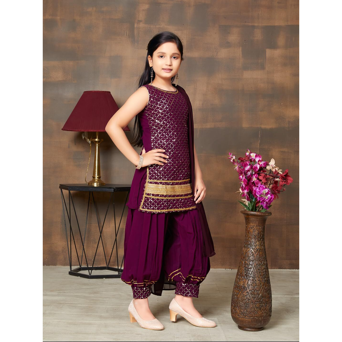 Aarika Girls Ethnic Wear Purple Colour Sequin Embroidery Lace Work Georgette Kurti Patiala Set (10-15 Years)