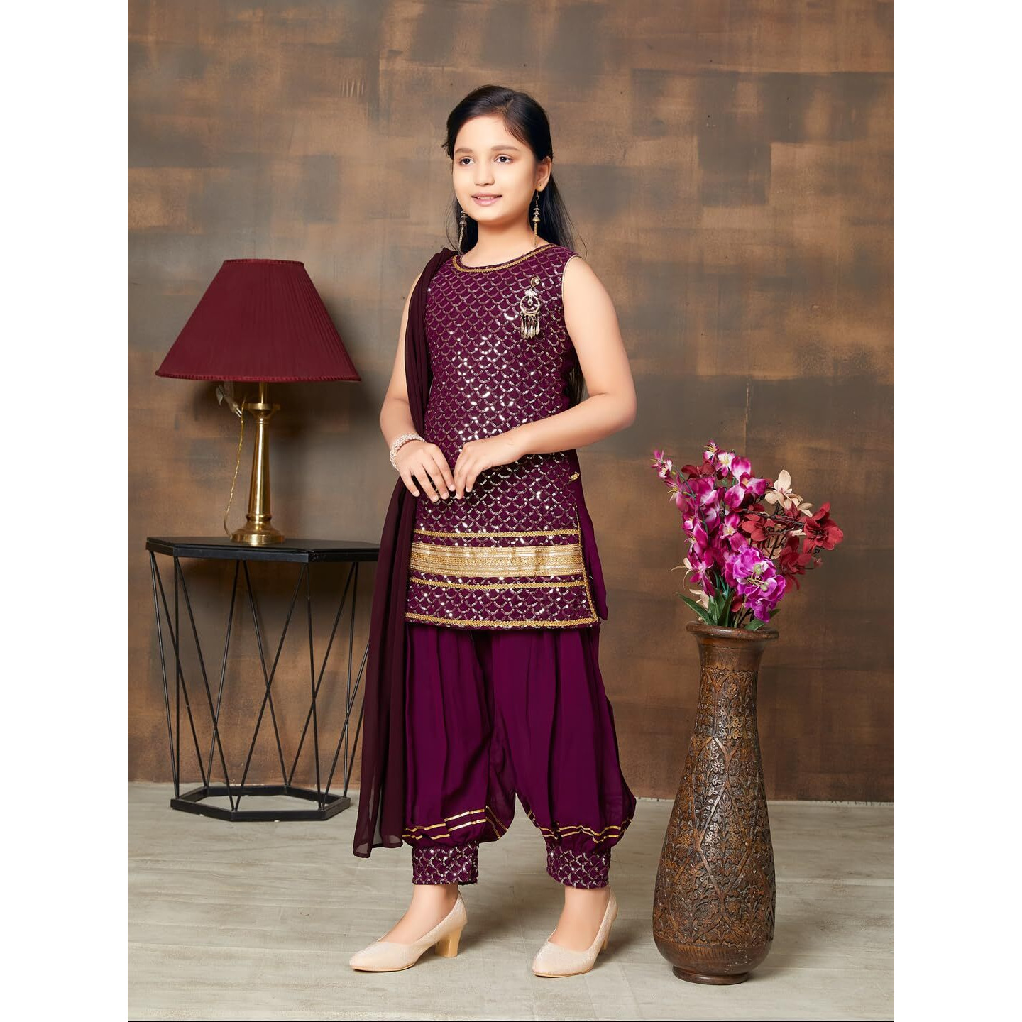 Aarika Girls Ethnic Wear Purple Colour Sequin Embroidery Lace Work Georgette Kurti Patiala Set (10-15 Years)