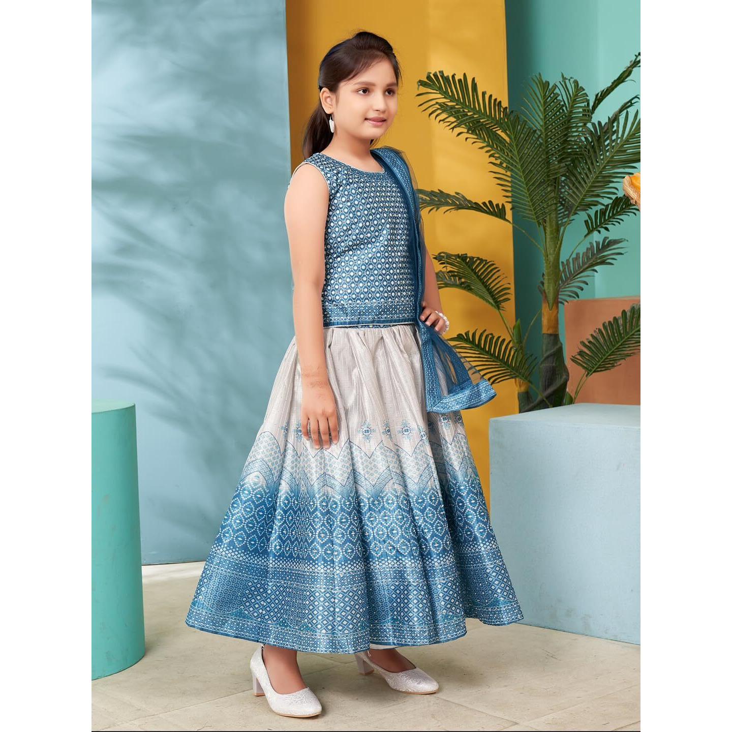 Aarika Girls Turquoise Colour Printed Embellished Stone Silk Lehenga Choli Set (5-11 Years)