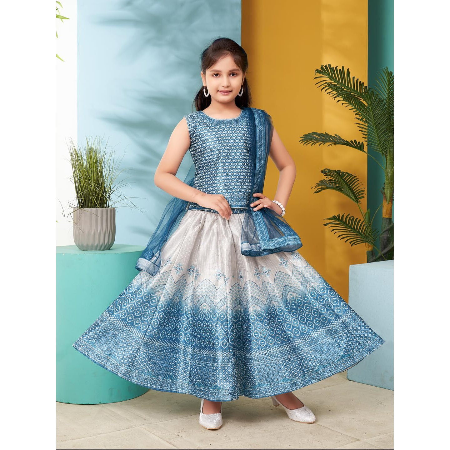 Aarika Girls Turquoise Colour Printed Embellished Stone Silk Lehenga Choli Set (5-11 Years)