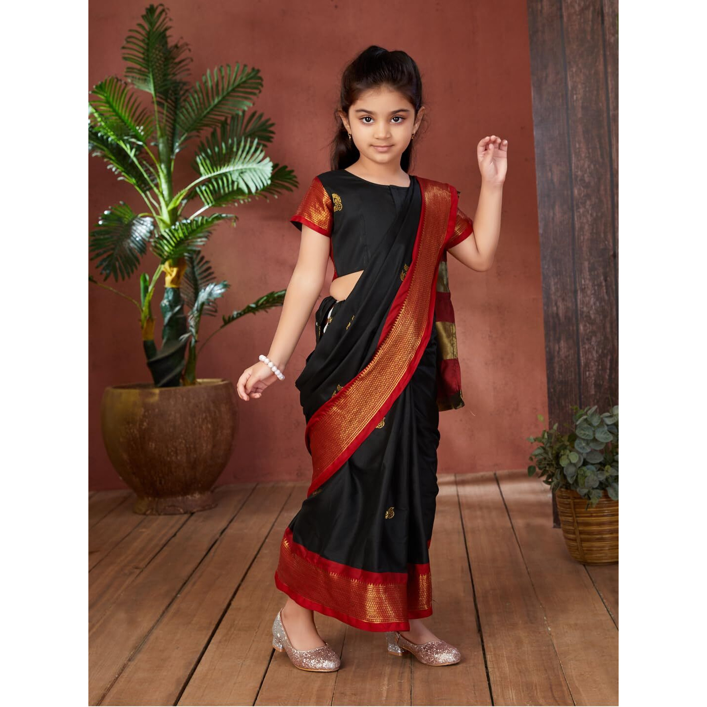 Aarika Girls Ethnic Wear Black Colour Kajol Silk Saree (3-9 Years)