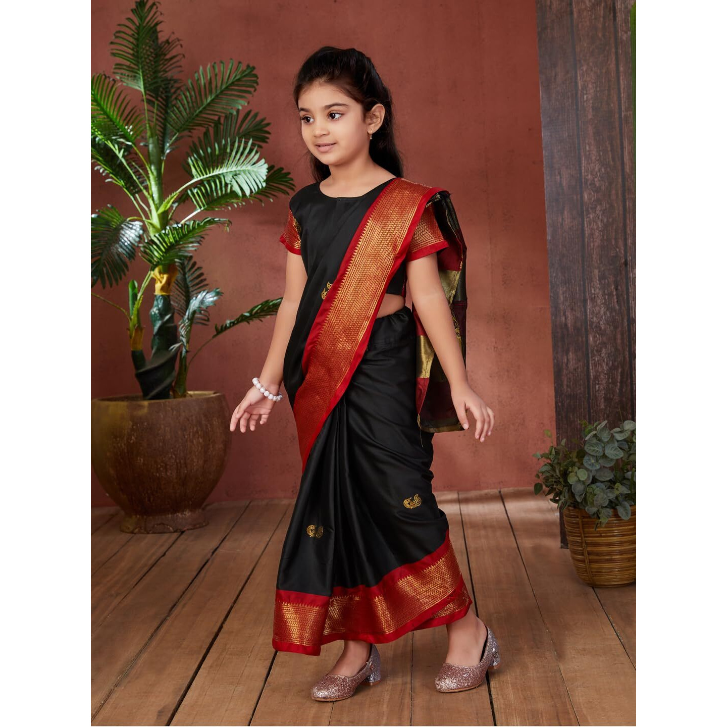 Aarika Girls Ethnic Wear Black Colour Kajol Silk Saree (3-9 Years)