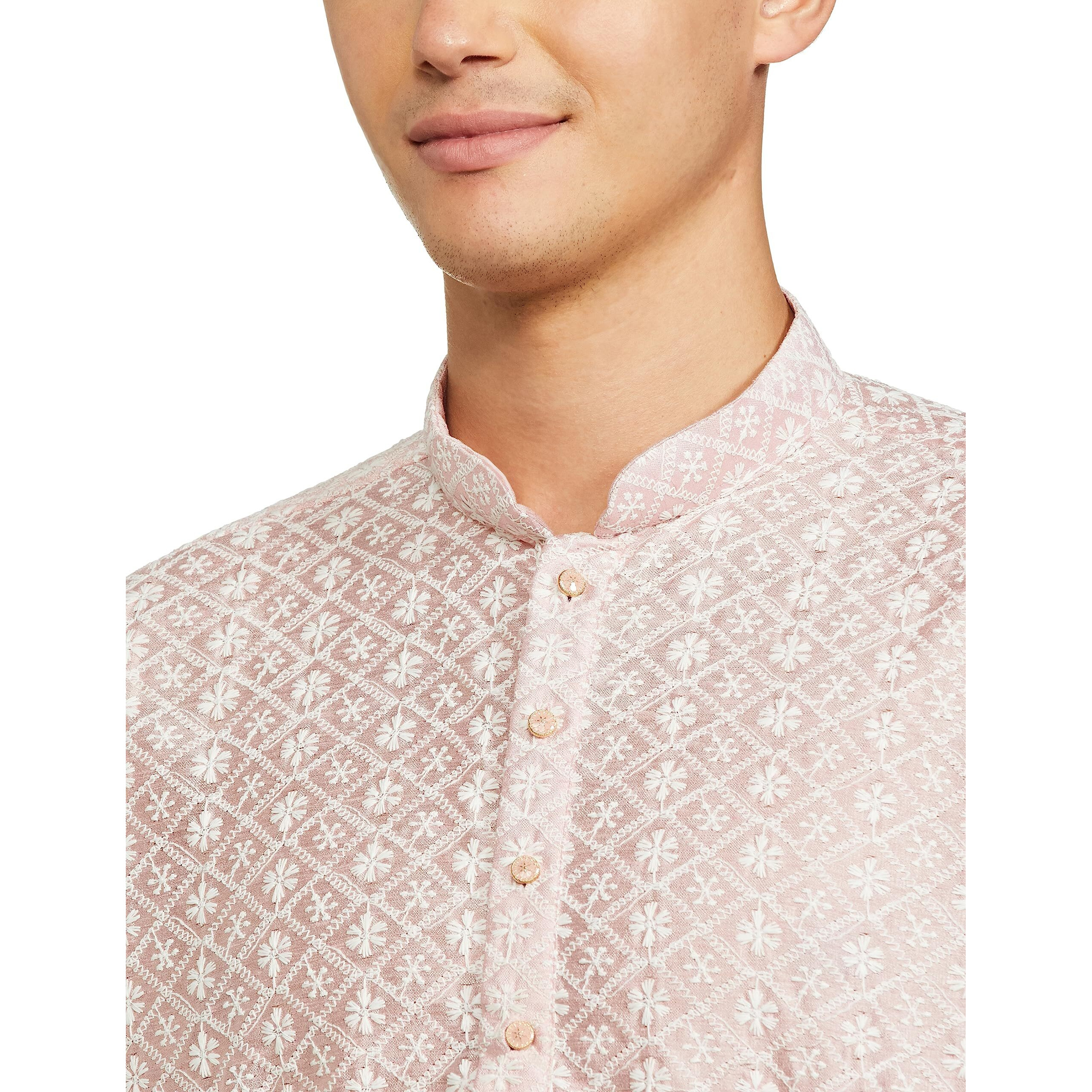 Be Active Men's Traditional Embroidered Lucknowi Full Sleeves Kurta || Cotton Kurta For Men || Men Kurta For Wedding || Kurta For Men (Rfsk0013-Kr 7 L) Dusty Pink