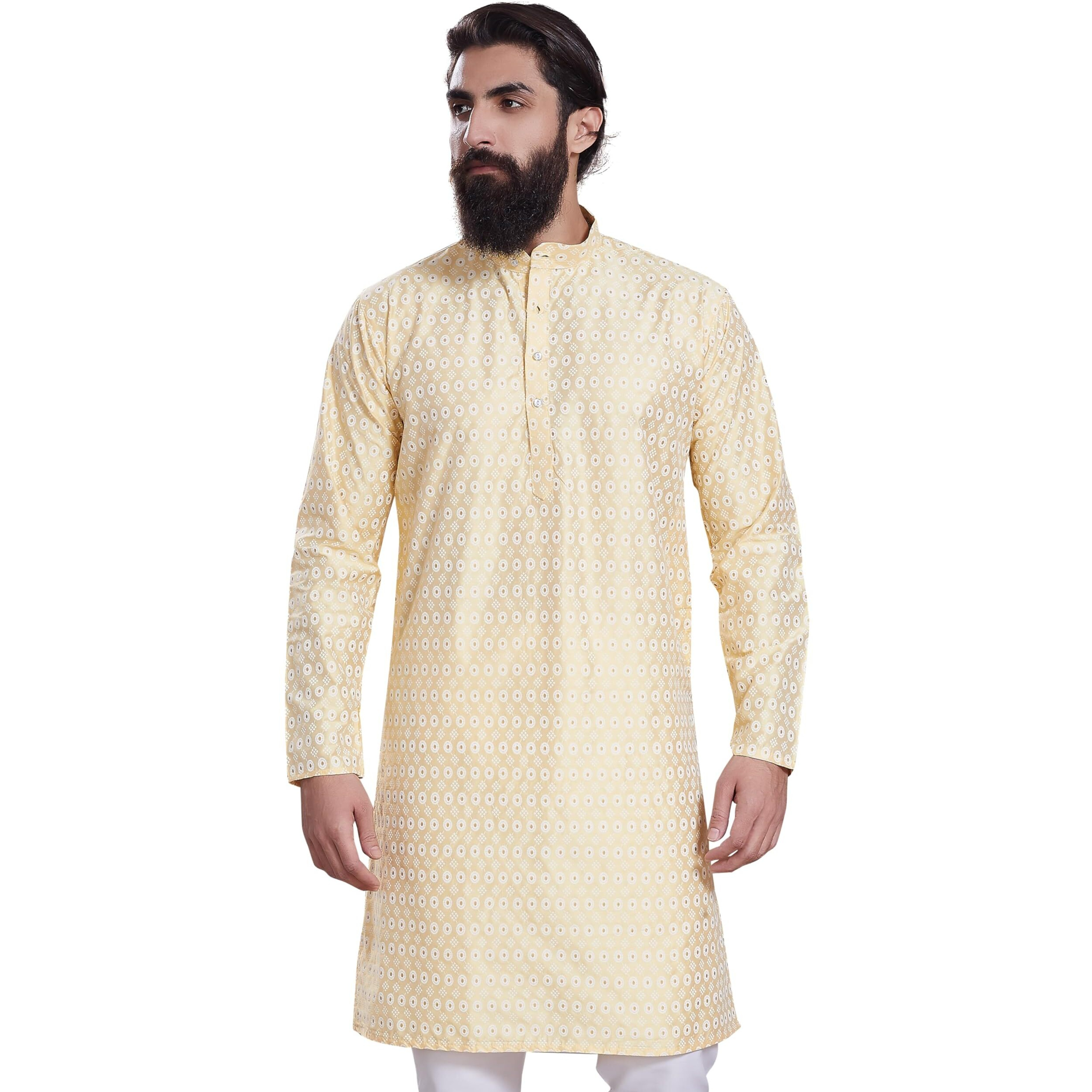 Divisive Men's Printed Cotton Silk Blend Only Slim Fit Kurta (Dkrt214_Xxl_Lt Yellow)