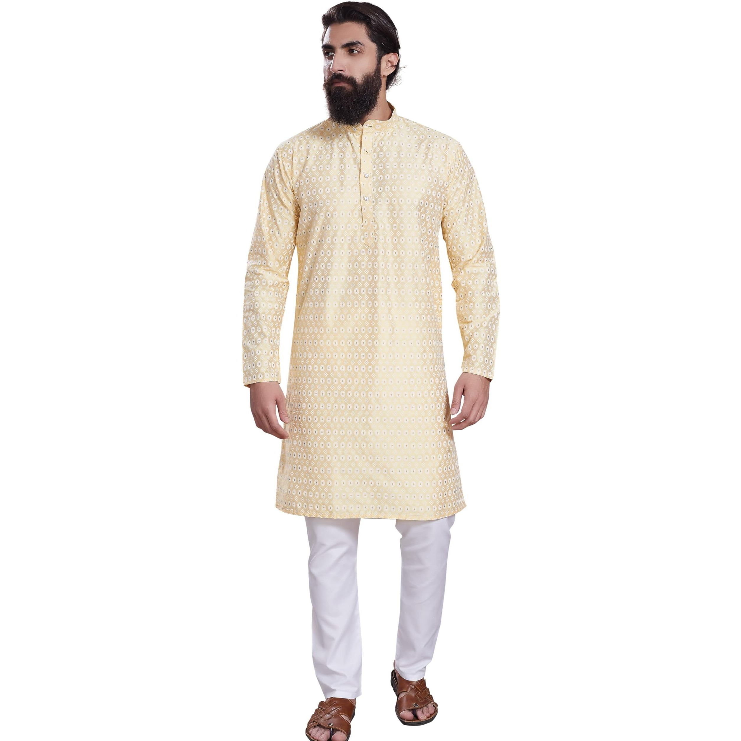 Divisive Men's Printed Cotton Silk Blend Only Slim Fit Kurta (Dkrt214_Xxl_Lt Yellow)