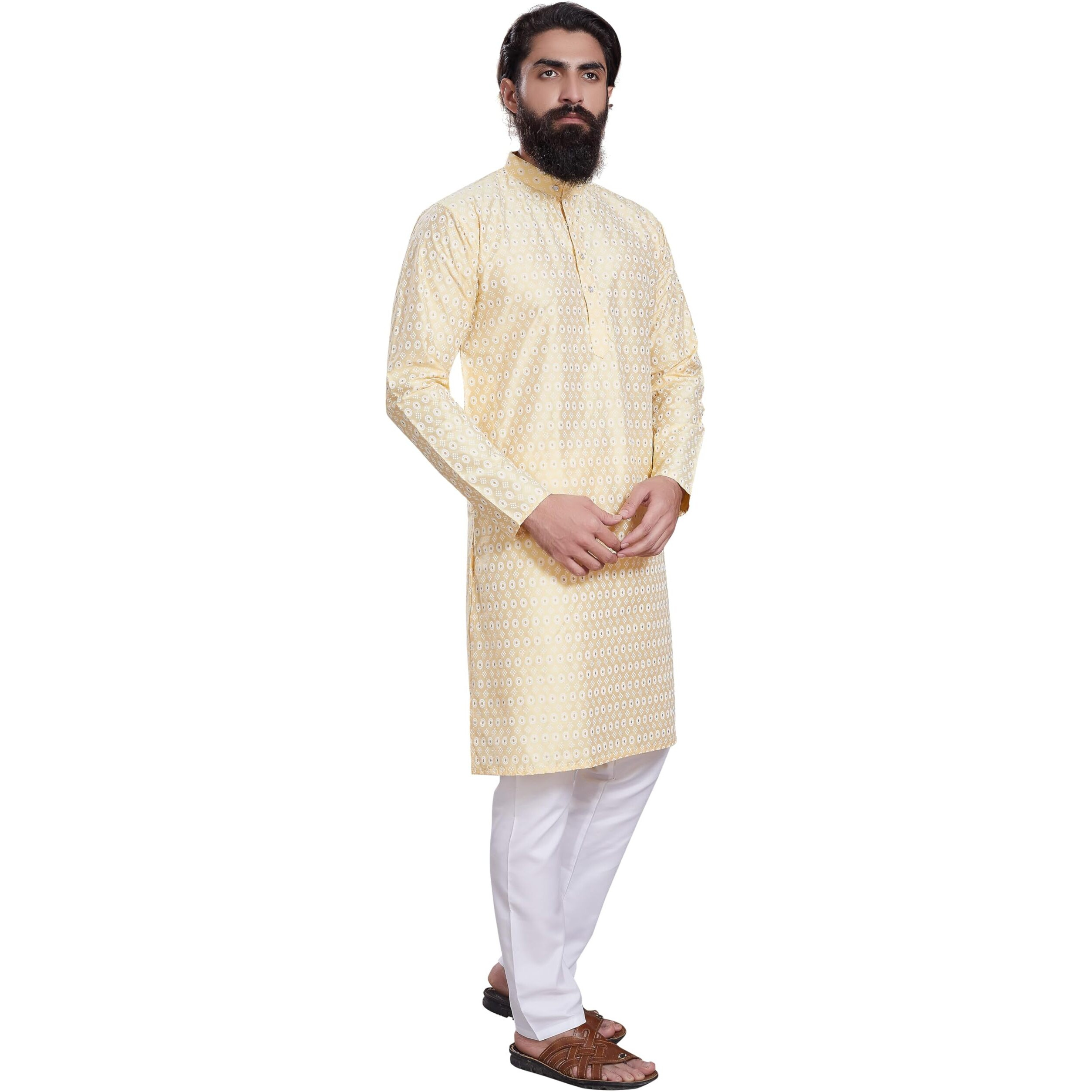 Divisive Men's Printed Cotton Silk Blend Only Slim Fit Kurta (Dkrt214_Xxl_Lt Yellow)