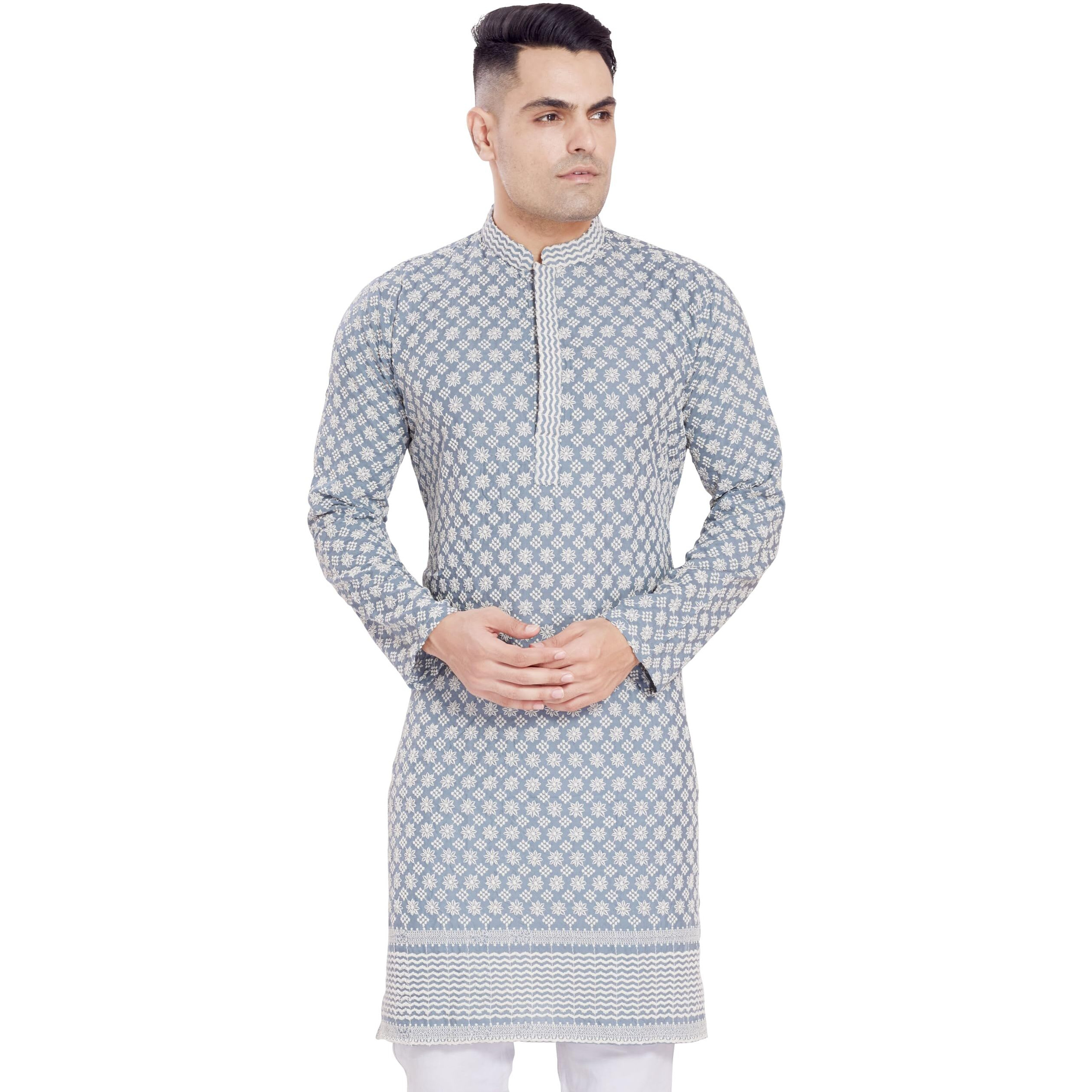 Divisive Men's Thread Embroidered Cotton Blend Only Slim Fit Kurta (Dkrt174_M_Grey)