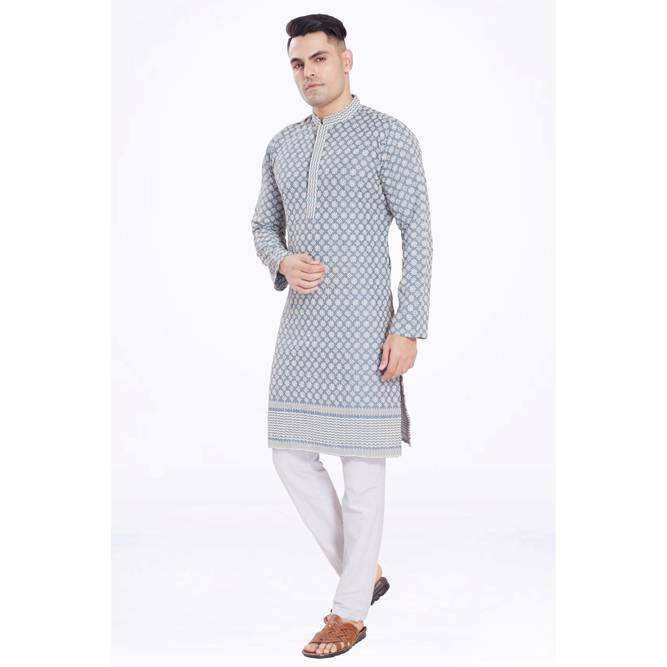 Divisive Men's Thread Embroidered Cotton Blend Only Slim Fit Kurta (Dkrt174_M_Grey)
