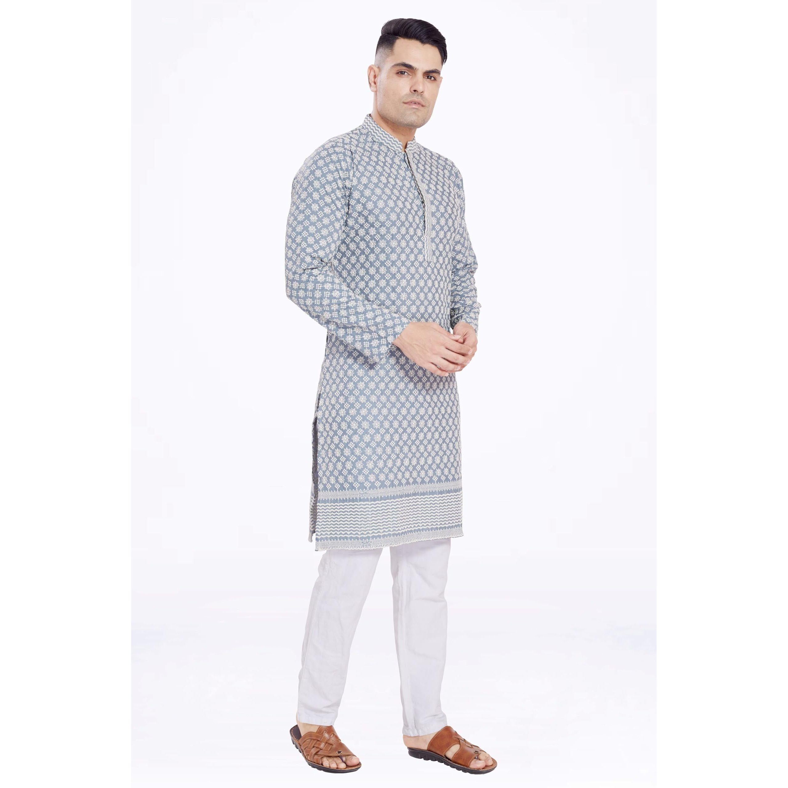 Divisive Men's Thread Embroidered Cotton Blend Only Slim Fit Kurta (Dkrt174_M_Grey)