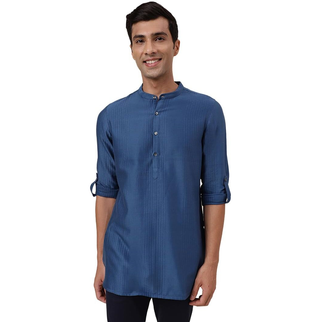 Fabindia Men's Cotton Abstract Slim Fit Kurta Set (1030867Blue_Blue