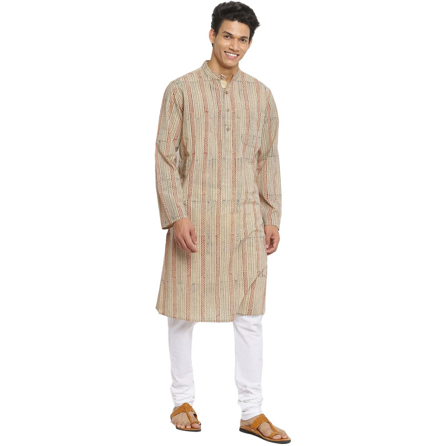 Fabindia Men Cotton Slim Fit Collar Printed Long Kurta Chinese_Xs Beige
