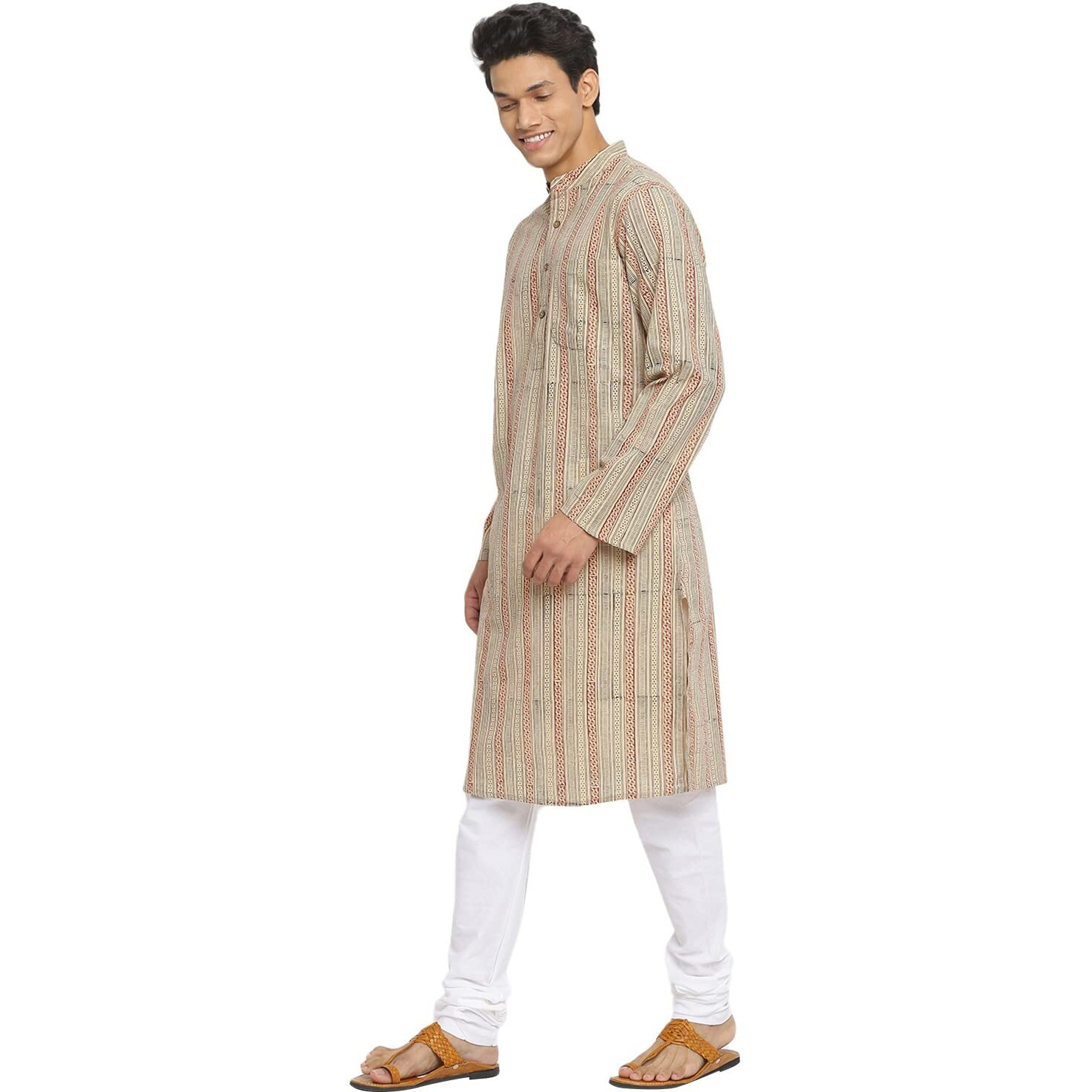 Fabindia Men Cotton Slim Fit Collar Printed Long Kurta Chinese_Xs Beige
