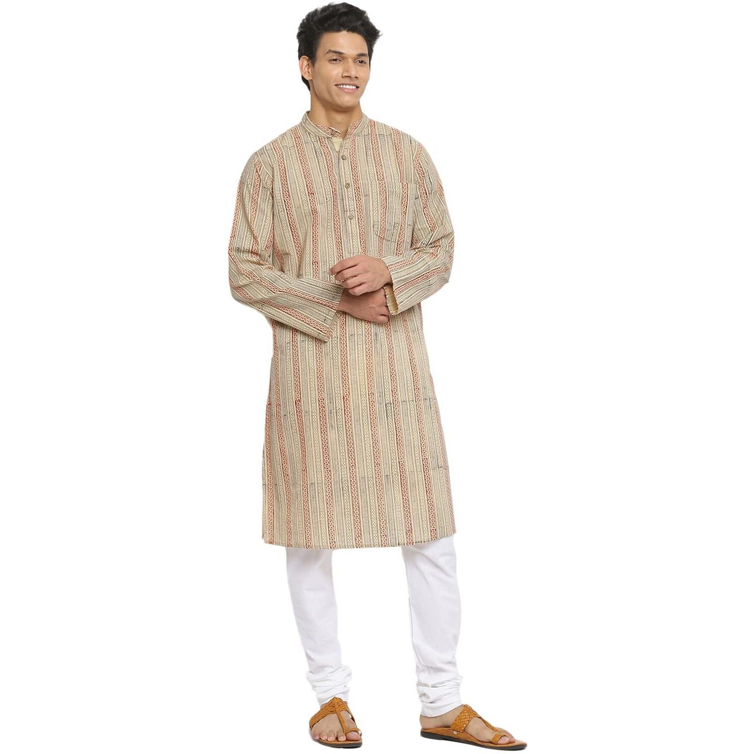 Fabindia Men Cotton Slim Fit Collar Printed Long Kurta Chinese_Xs Beige