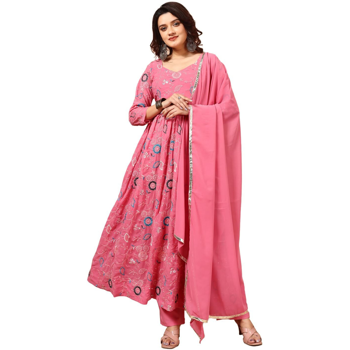 Fashion Basket Georgette Anarkali Kurta Set For Women (In, Alpha, M, Regular, Pink)