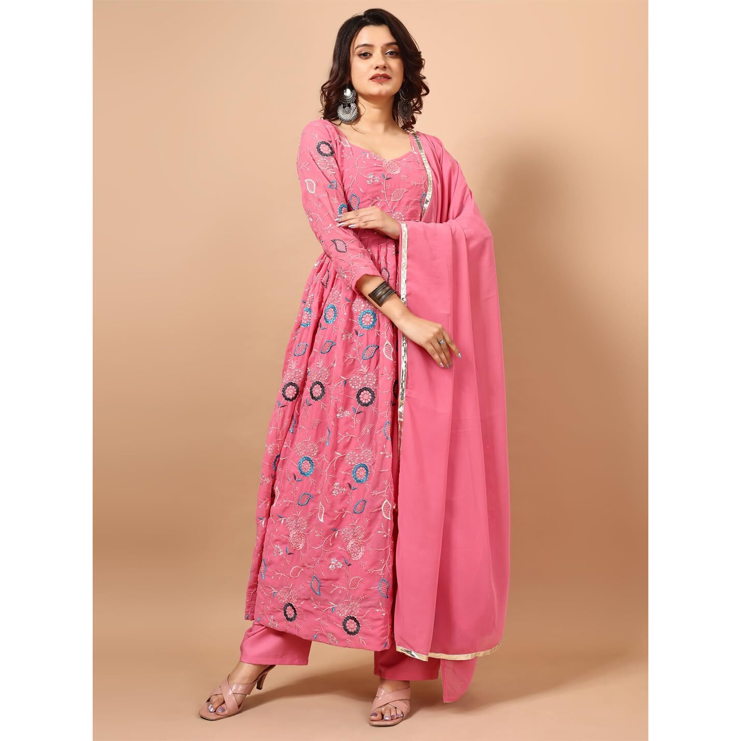 Fashion Basket Georgette Anarkali Kurta Set For Women (In, Alpha, M, Regular, Pink)