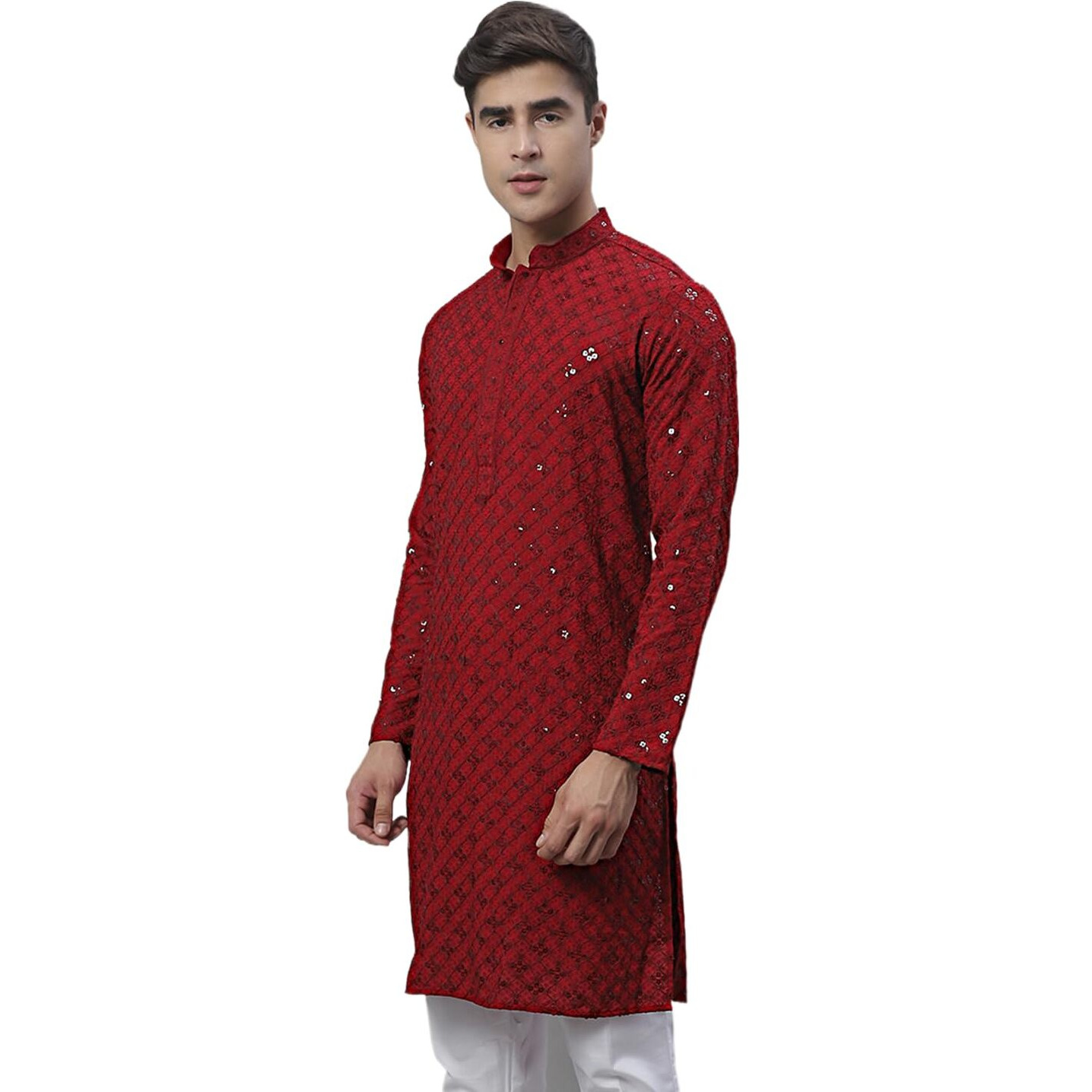 Jompers Men's Chikankari Embroidered And Sequence Kurtas Only (Maroon, Xl)