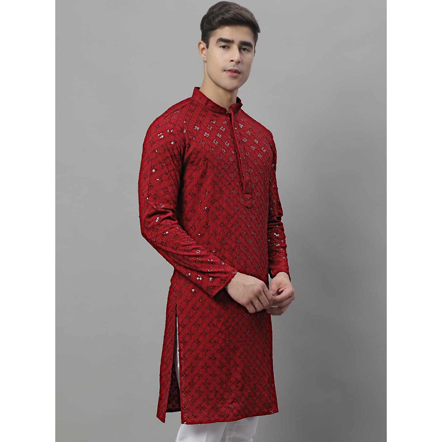 Jompers Men's Chikankari Embroidered And Sequence Kurtas Only (Maroon, Xl)