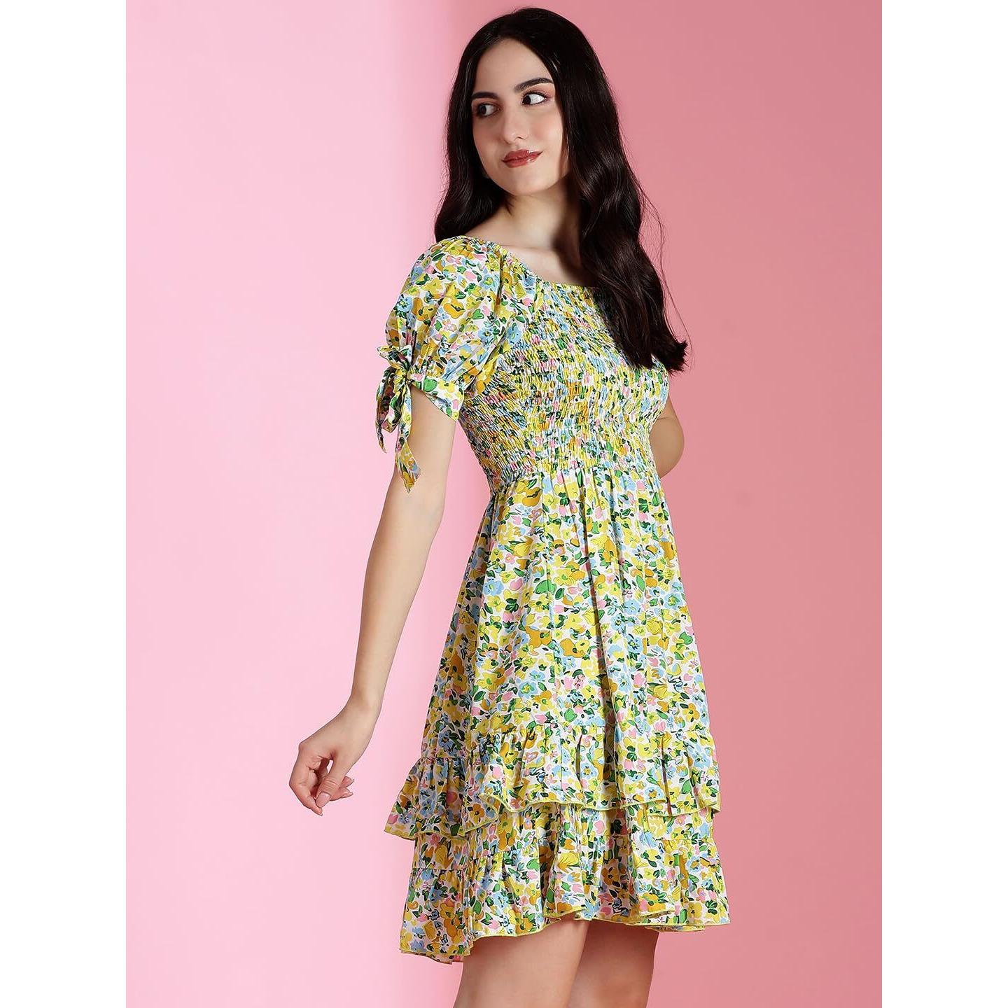 Kotty Women's Floral Print Flutter Sleeve Fit Flare Dress(Multicolored,S)