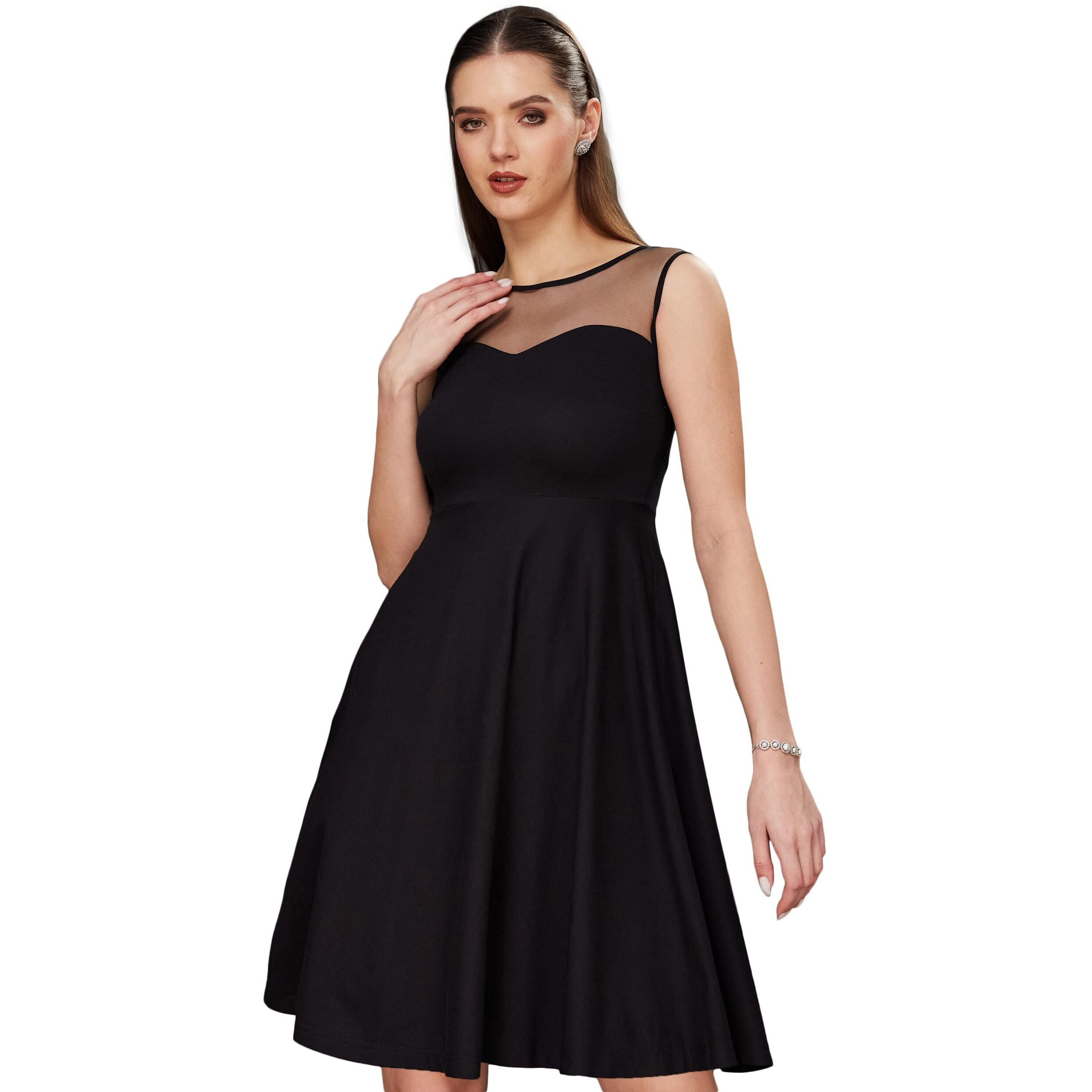 Miss Chase Women's Round Neck Sleeveless Back Cut Out Bow Mini Skater Dress (Mcss23D98-32-62-03, Black, S)