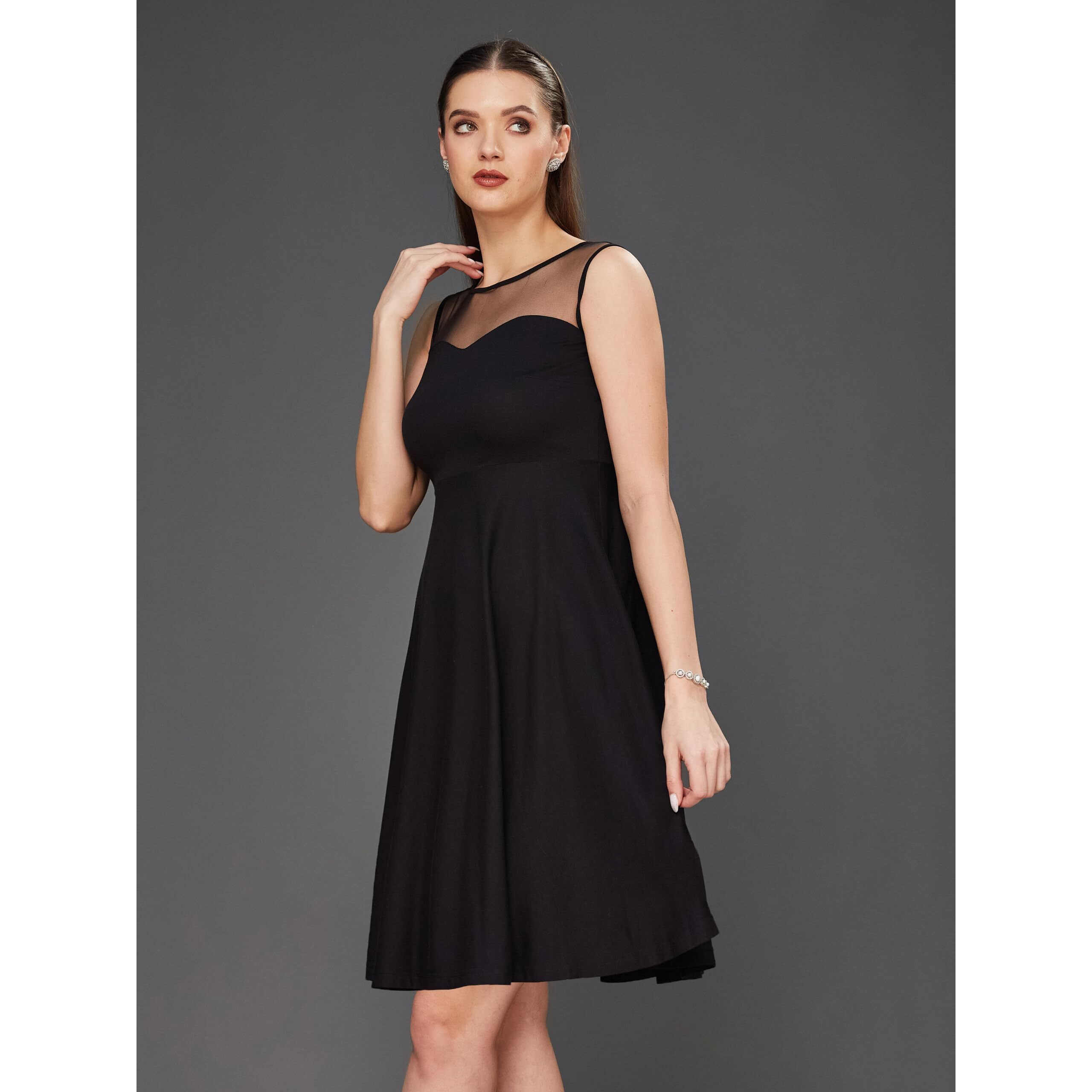 Miss Chase Women's Round Neck Sleeveless Back Cut Out Bow Mini Skater Dress (Mcss23D98-32-62-03, Black, S)