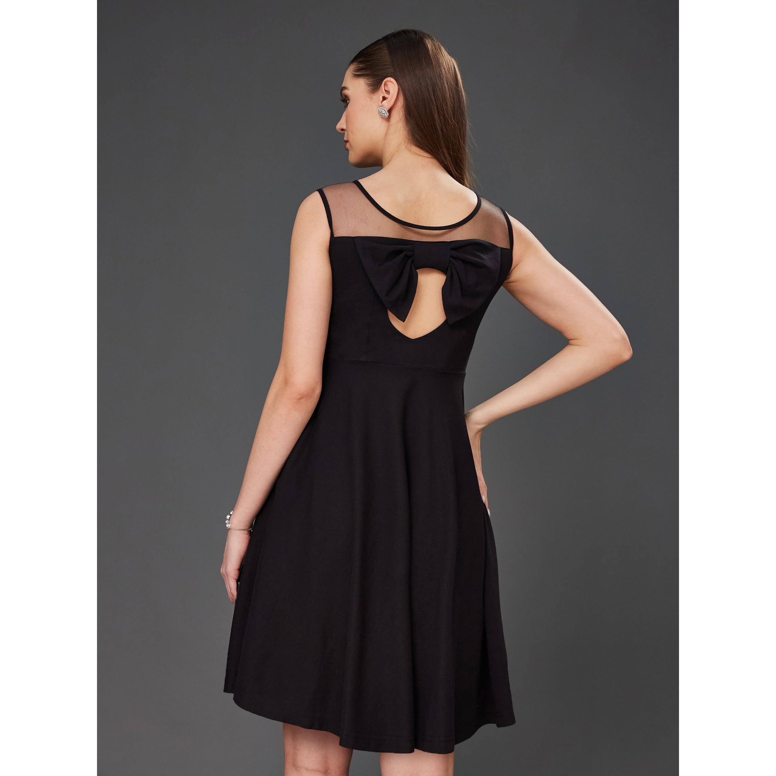 Miss Chase Women's Round Neck Sleeveless Back Cut Out Bow Mini Skater Dress (Mcss23D98-32-62-03, Black, S)