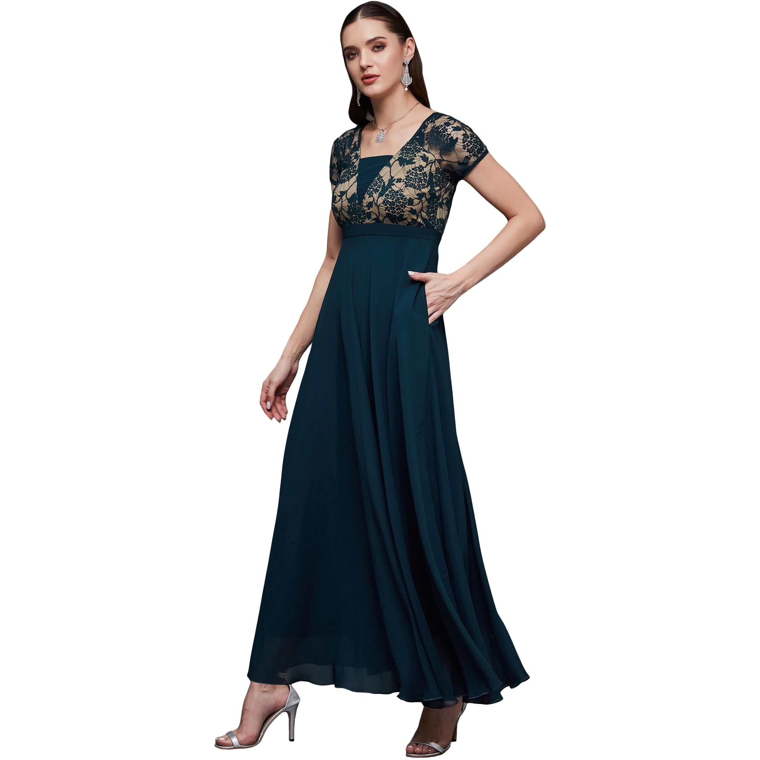Miss Chase Women's Square Neck Raglan Short Sleeve Self Design Lace Overlaid Georgette Maxi Dress With Pockets (Mcss22D06-48-83-03, Teal, S)