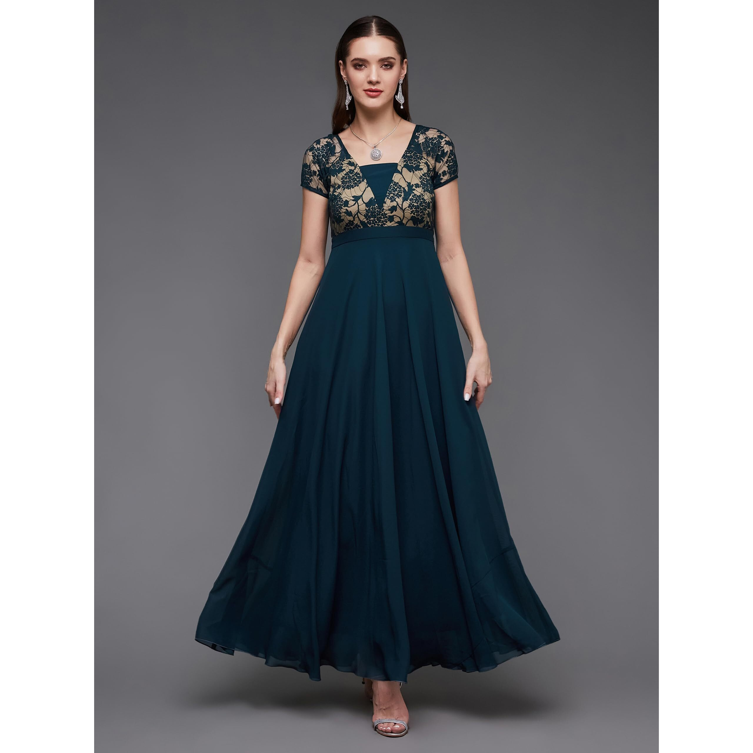 Miss Chase Women's Square Neck Raglan Short Sleeve Self Design Lace Overlaid Georgette Maxi Dress With Pockets (Mcss22D06-48-83-03, Teal, S)