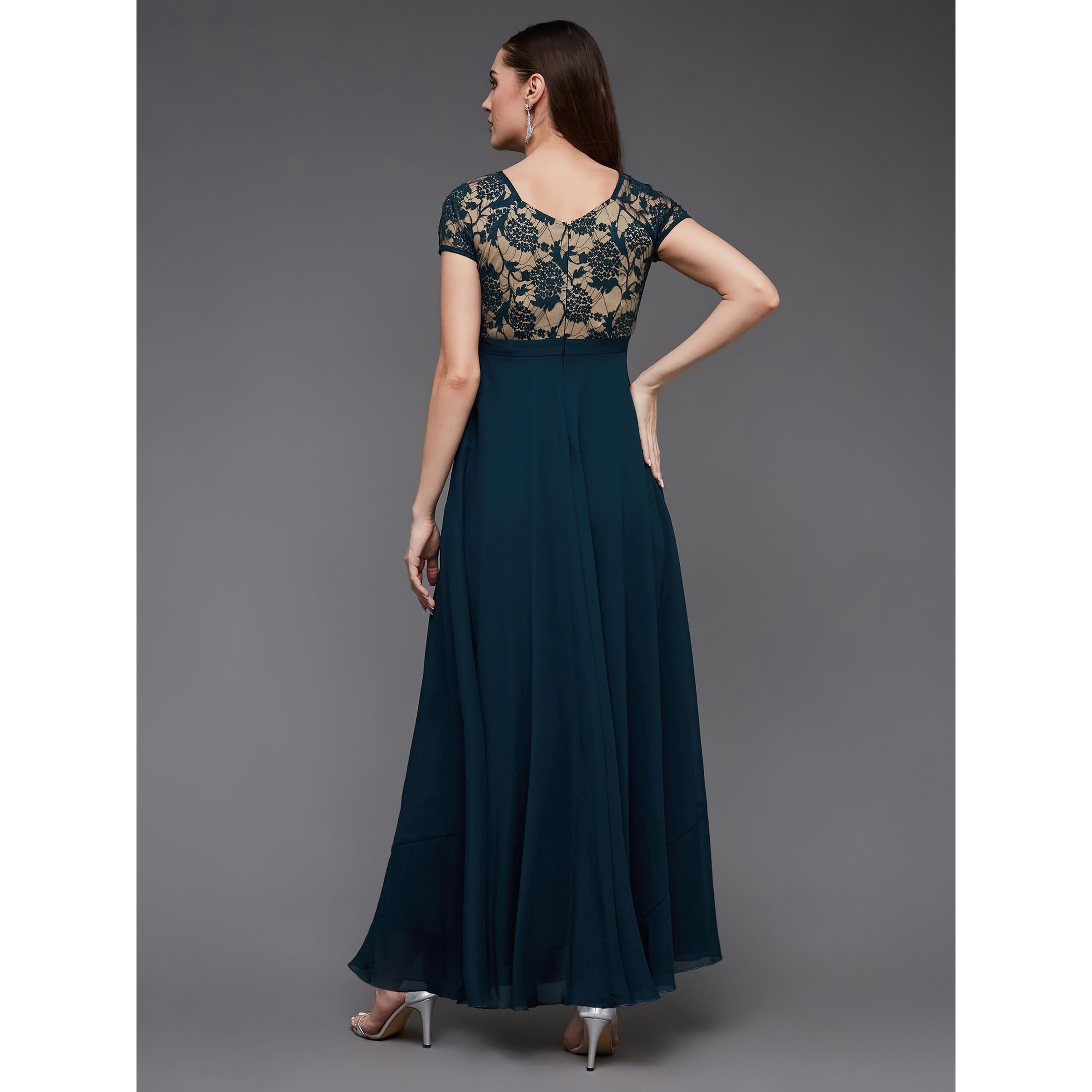 Miss Chase Women's Square Neck Raglan Short Sleeve Self Design Lace Overlaid Georgette Maxi Dress With Pockets (Mcss22D06-48-83-03, Teal, S)
