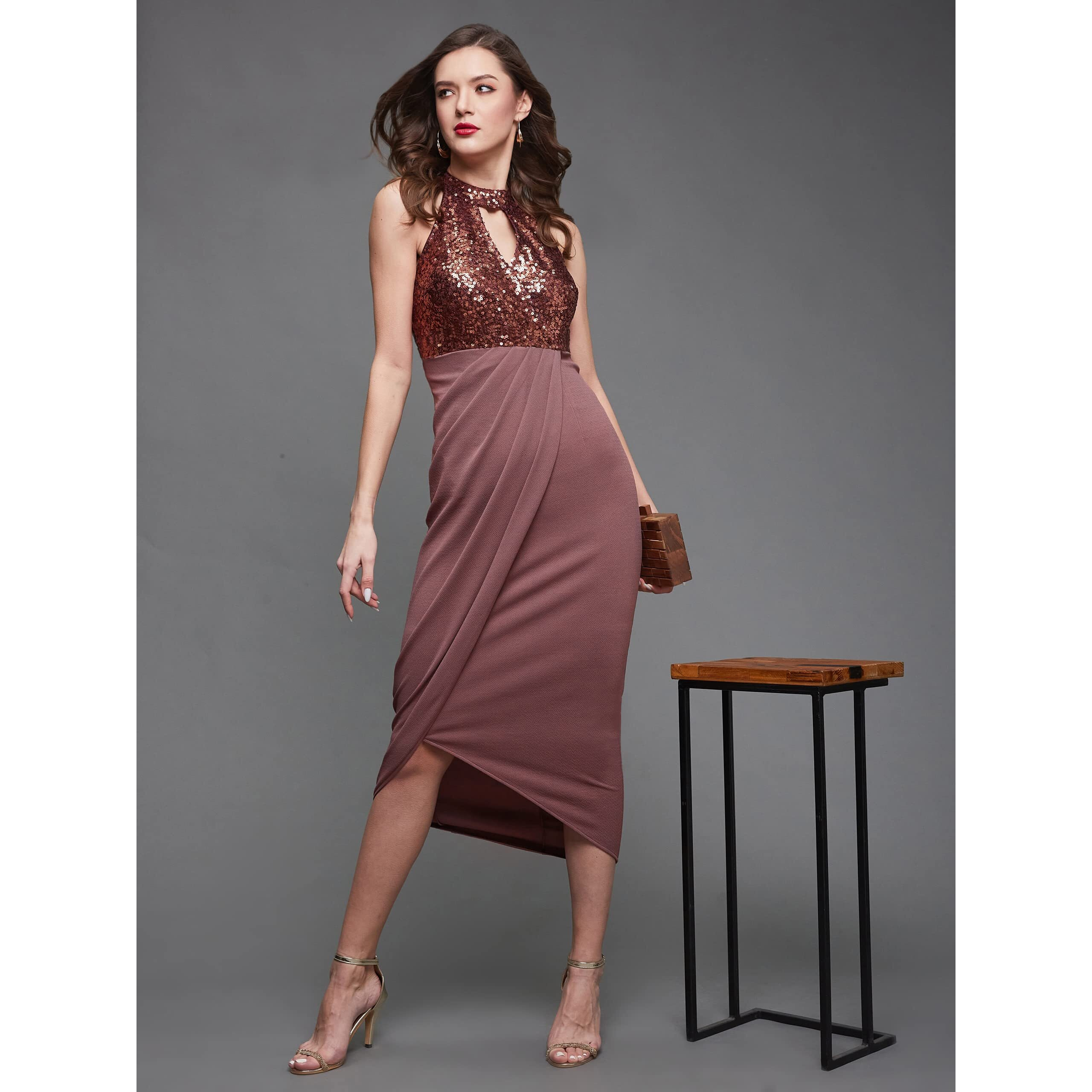 Miss Chase Women's Mauve Halter Neck Sleeveless Solid Embellished Midi Dress (Mcaw21D13-17-271-02, Mauve, Xs)