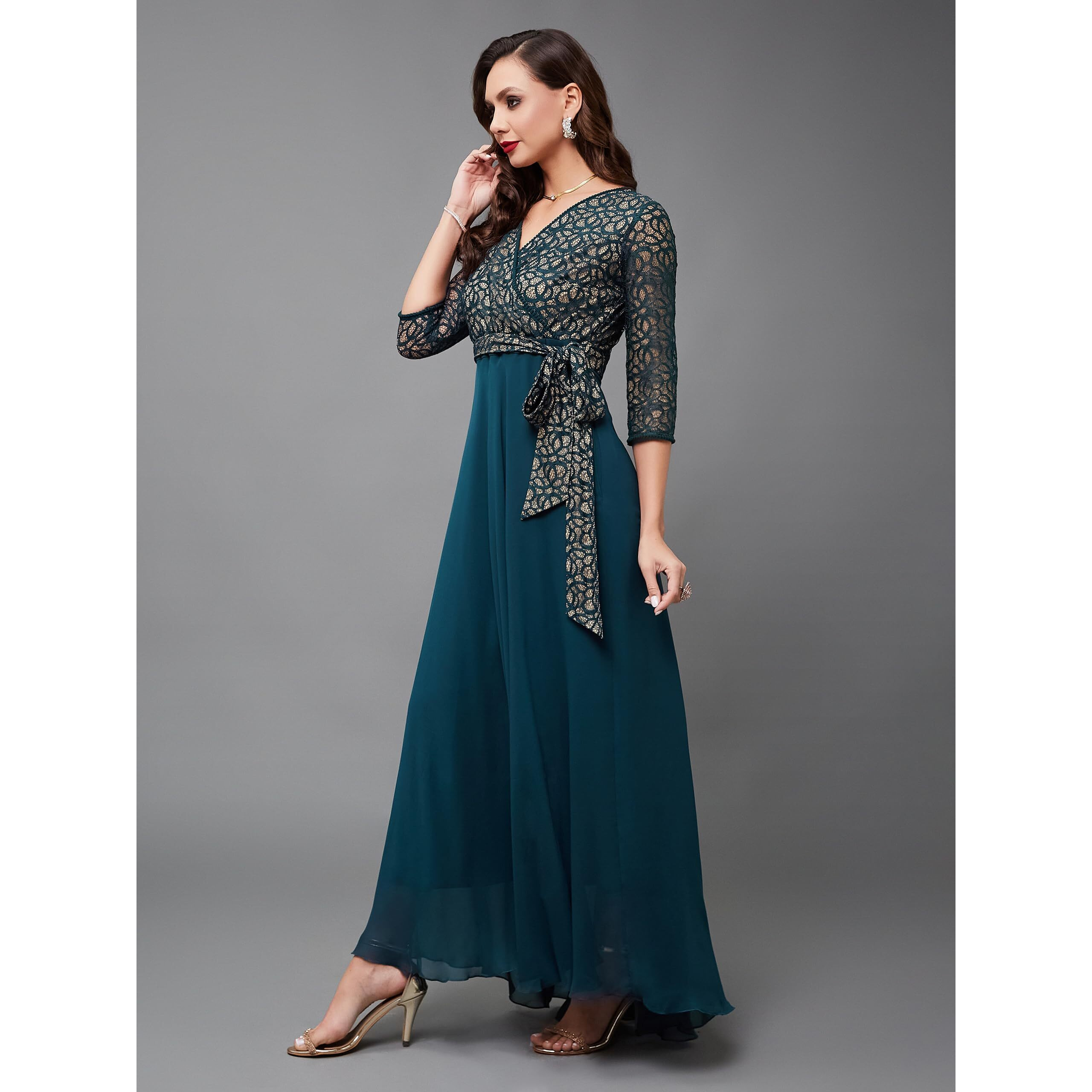 Miss Chase Women's Floral Printed Relaxed Fit V-Neck 3/4Th Sleeve Maxi Dress With Pockets (Plus (Mcss24D97-13-83-02, Teal, Xs)