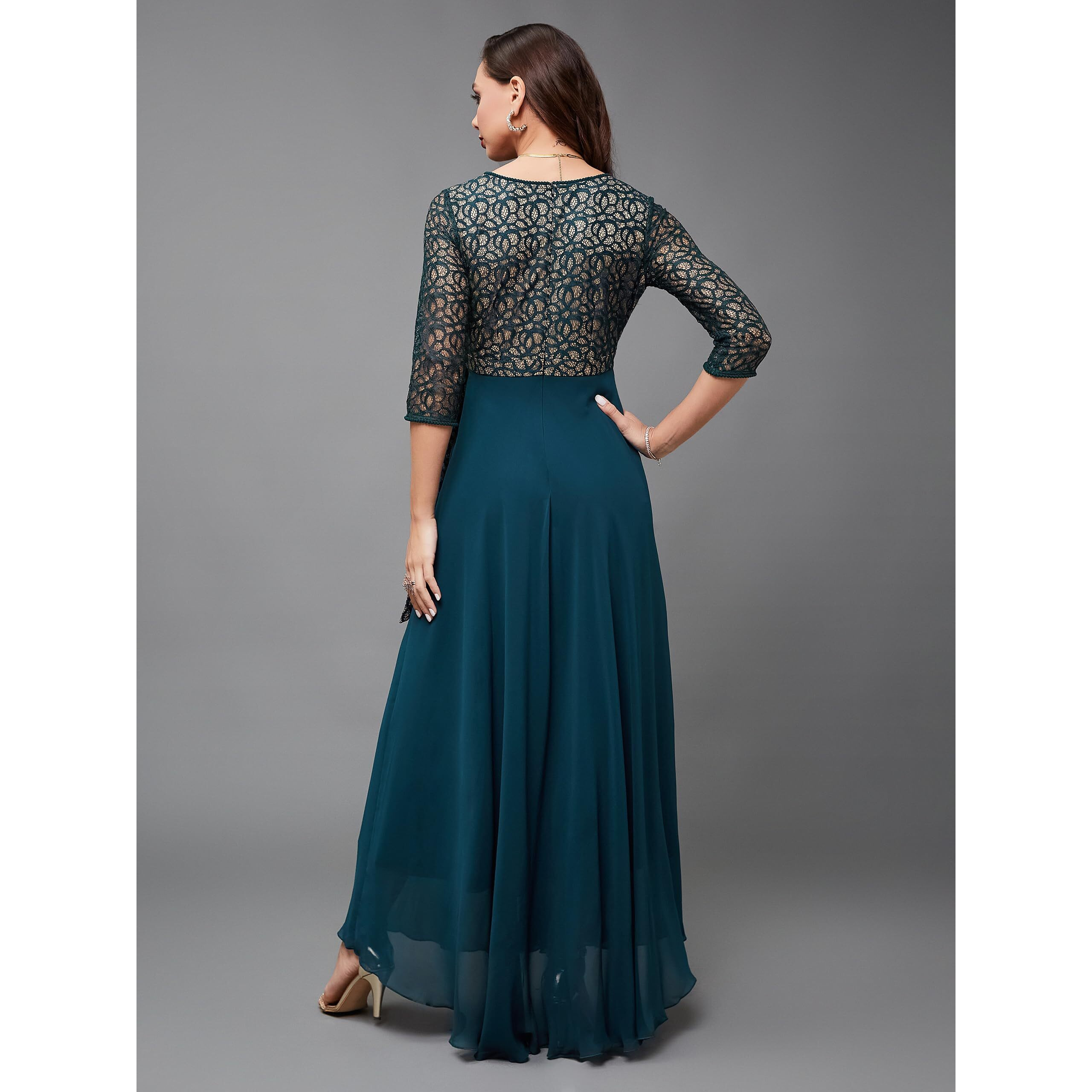 Miss Chase Women's Floral Printed Relaxed Fit V-Neck 3/4Th Sleeve Maxi Dress With Pockets (Plus (Mcss24D97-13-83-02, Teal, Xs)