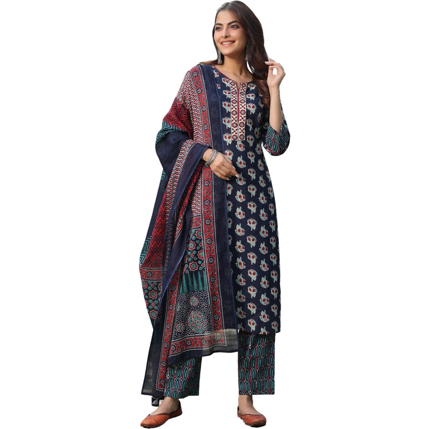 Nainvish Women's Blue Printed Straight Rayon V-Neck Kurta Pant With Dupatta (Sd694_Kbd-M_Blue)