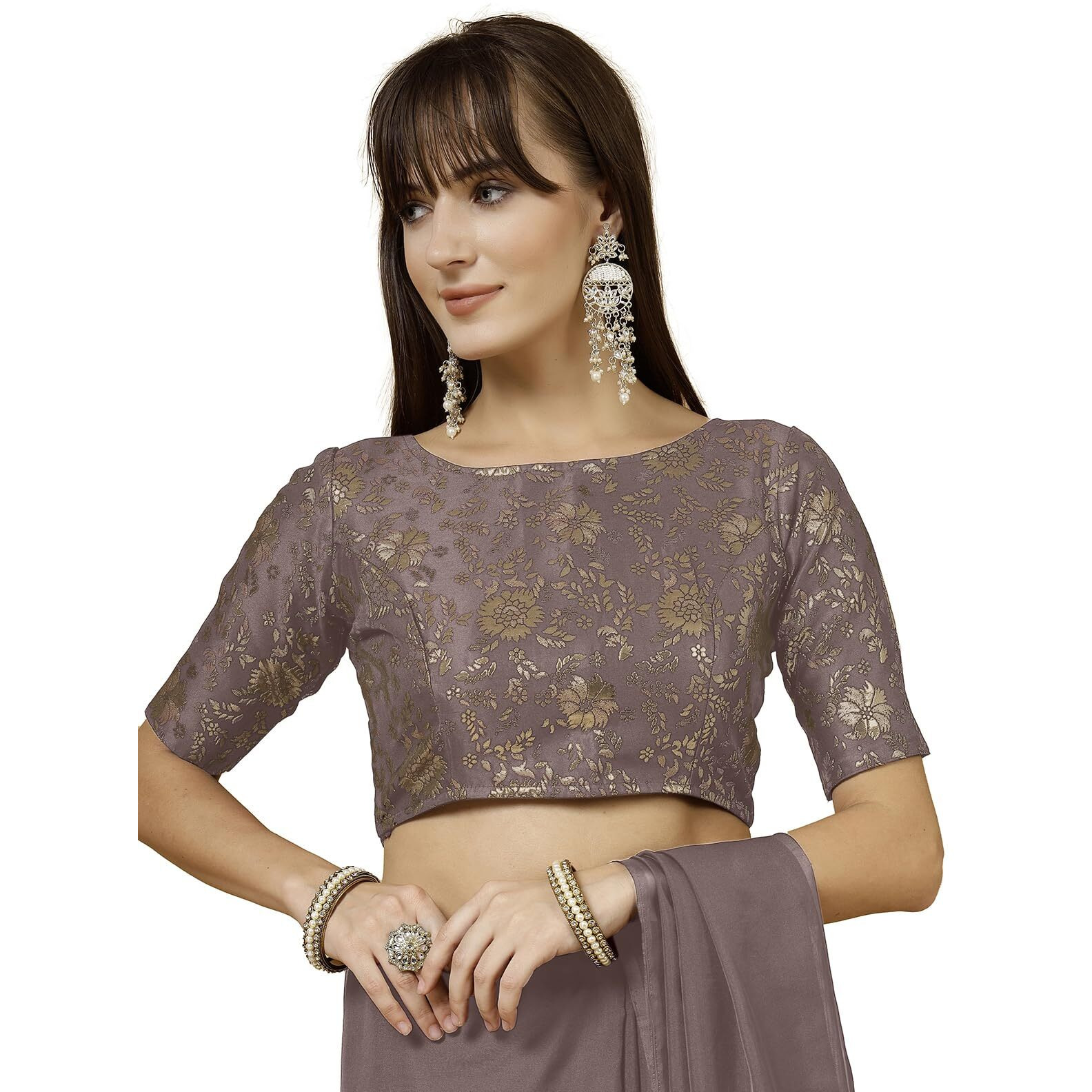 Oomph Women's Indian Ethnic Wear Designer Self Design Pattern Zari Work Boat Neck Half Sleeve Copper Brown Color Jacquard Readymade Blouse For Saree Or Lehnga And Fusion Twist. S